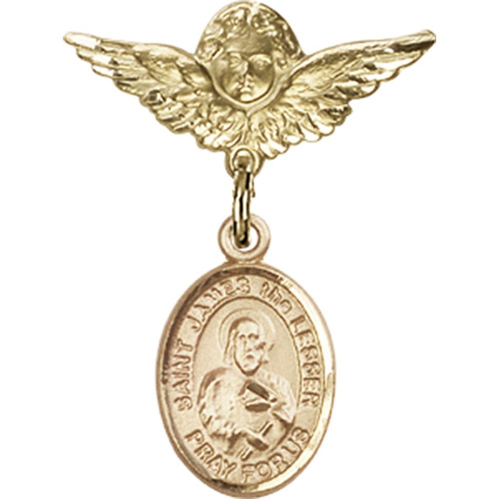 Gold Filled St. James The Lesser & Angel Wing Charm Badge Pin - 1 x 3/4 Inch Baby Keepsake - Perfect for Christening Gifts, Baptism Jewelry & First Communion Accessories