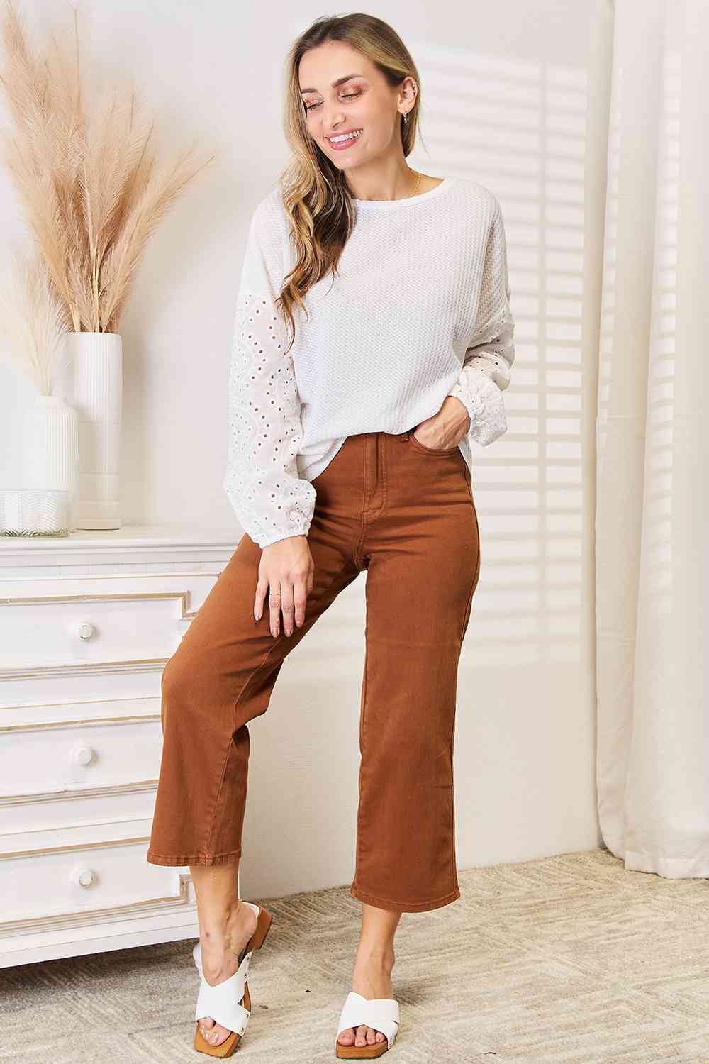 Elegant White Eyelet Dropped Shoulder Round Neck Blouse for Women - Perfect for Summer Outfits, Office Wear & Casual Dates