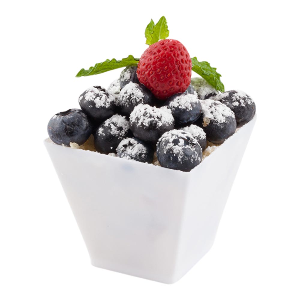 100 Pack 2 oz Square White Plastic Mini Kova Cups with 100 Silver Plastic Mini Forks - Perfect for Party Favors, Baby Showers, Dessert Cups, and Cocktail Serving