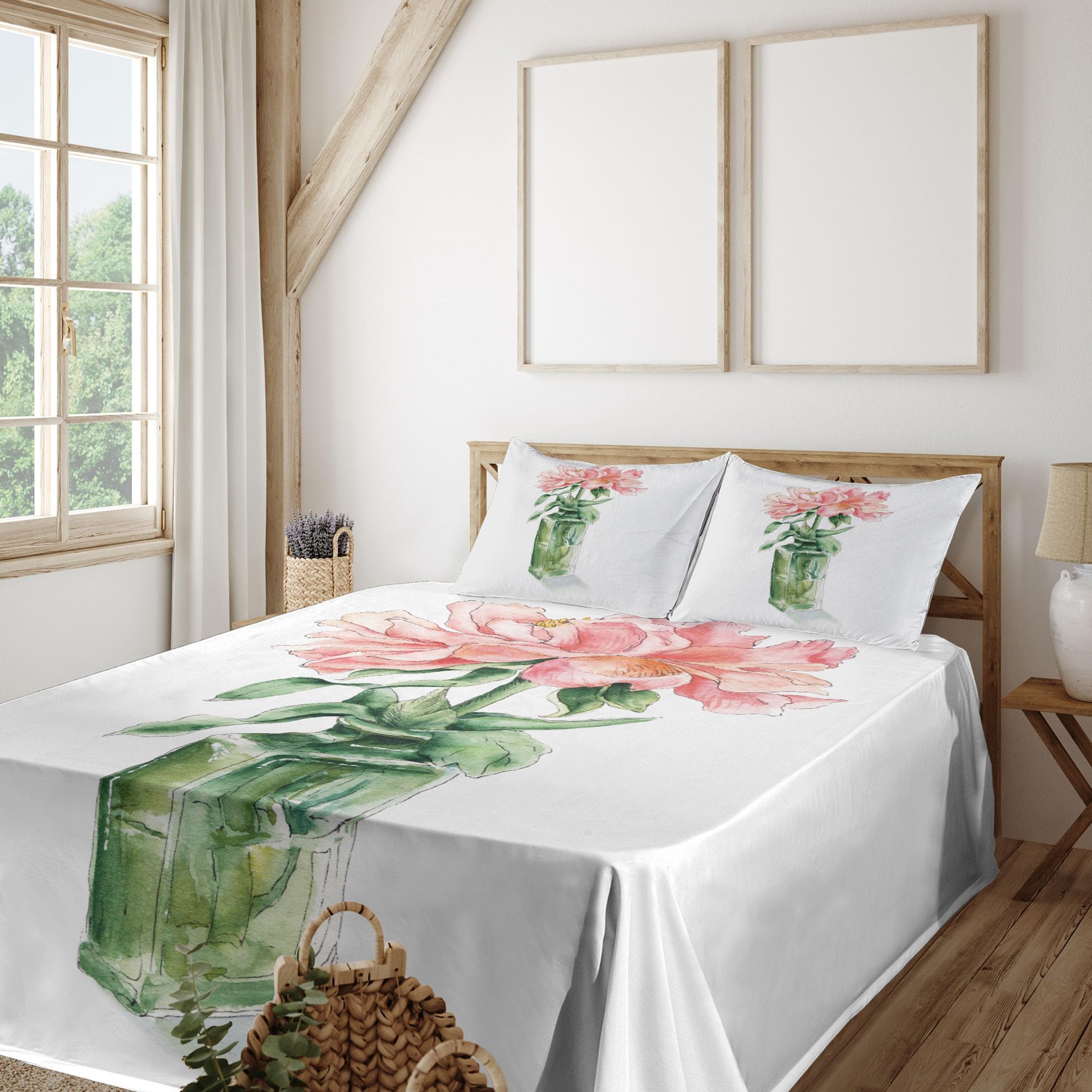 Ambesonne Floral Bedding Set - Watercolor Rose in Vase Print 4-Piece King Size Sheet Set with Fitted Sheet, Flat Sheet & Pillowcases - Pink & Hunter Green - Perfect for Master Bedroom, Guest Room & Bohemian Home Decor