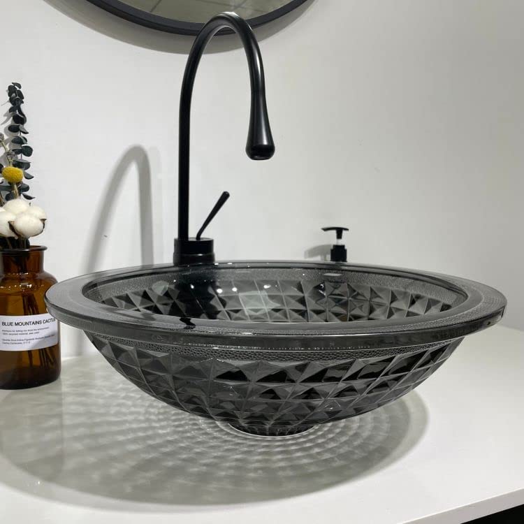 Premium InArt Modular Vanity Crystal Glass Wash Basin - 16x16 Inch Glossy Black Vessel Sink for Bathroom Countertop | Modern Tabletop Basin for Master Bath, Powder Room & Luxury Washroom Decor