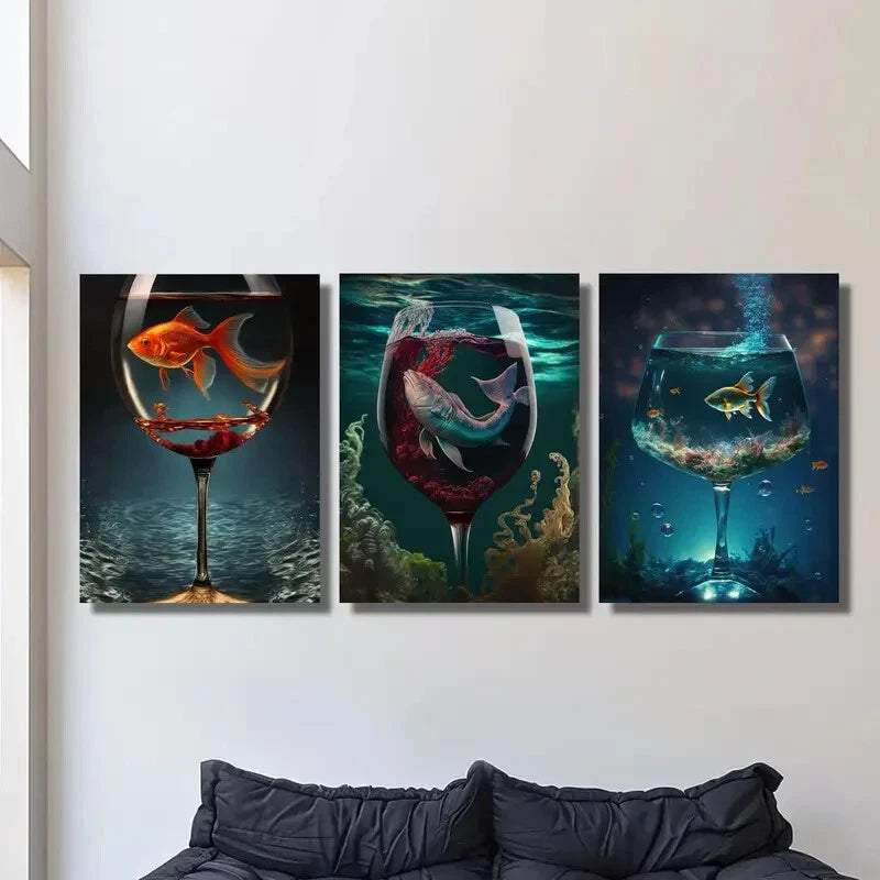 3pcs Aquarium in a Cup - Vibrant Fish Poster Metal Print Artwork Ready to Hang | Perfect for Home Decor, Office Wall Art & Gift Ideas