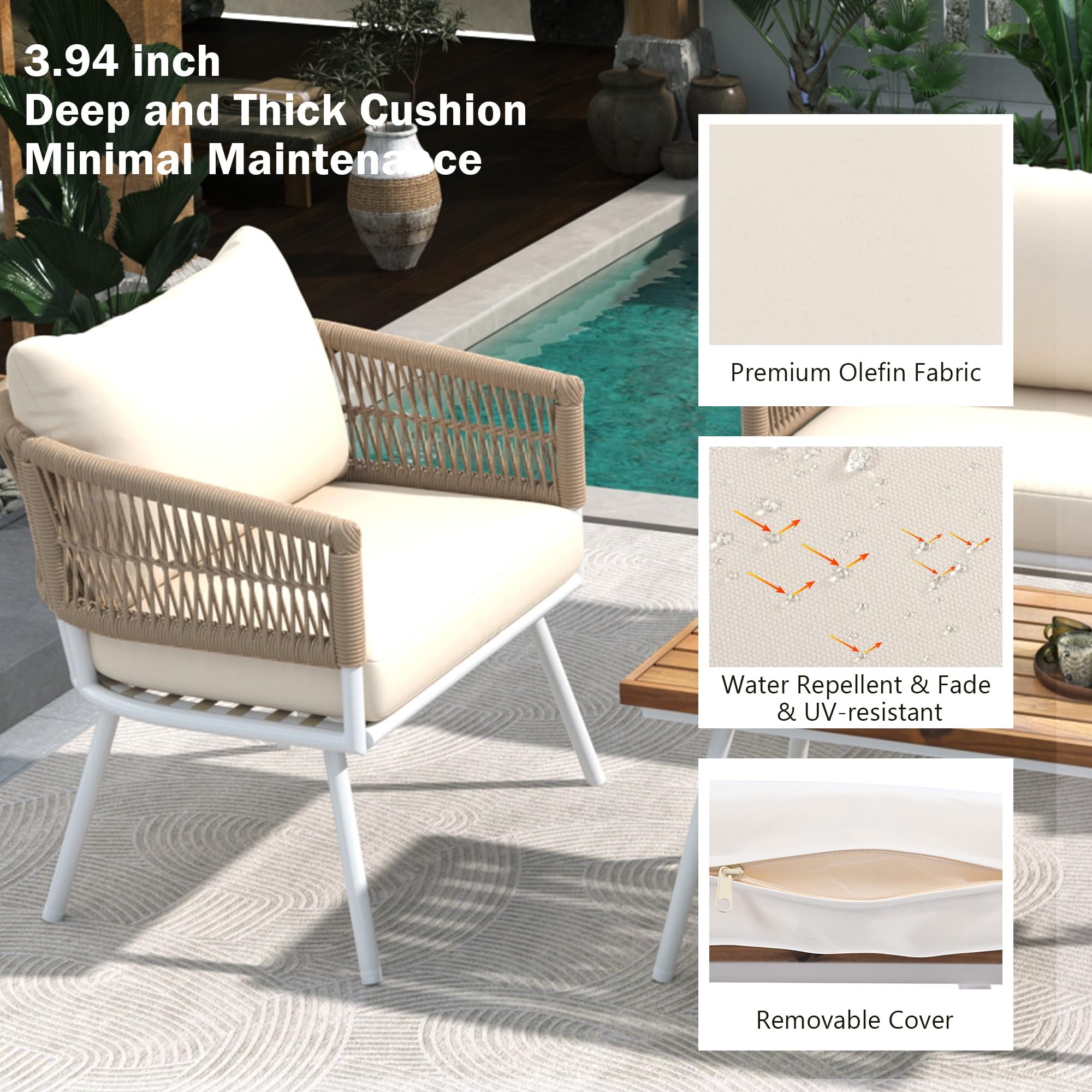 4-Piece Outdoor Patio Furniture Set with Thick Cushions & Deep Seating - Boho Style Acacia Wood Table Conversation Set for Backyard, Poolside or Garden - Perfect for Relaxing, Entertaining and Outdoor Gatherings (Beige)