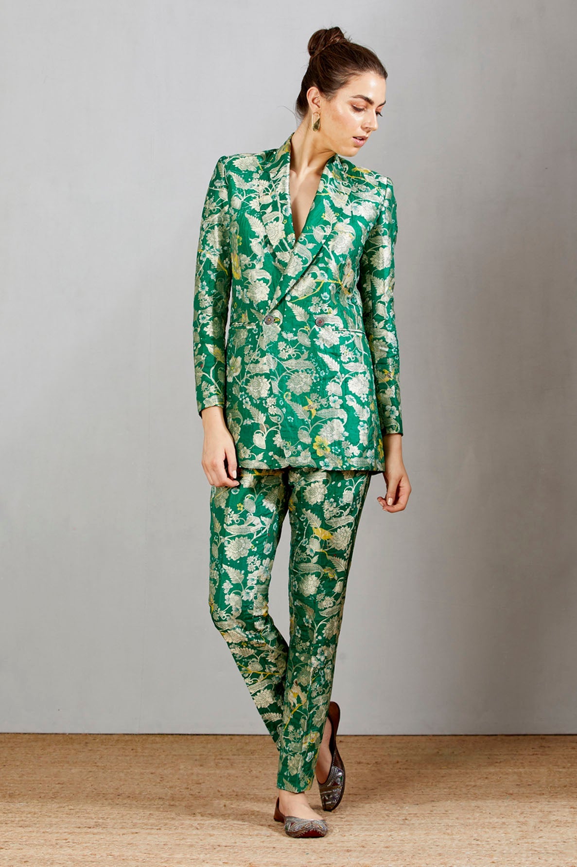 Luxury Double Breasted Blazer for Women - Green Silk Brocade Jacket - Perfect for Office Wear, Business Meetings & Formal Events