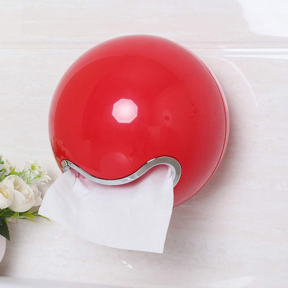ABS Waterproof Toilet Paper Holder - Punch-Free Wall Mounted Bathroom Tissue Dispenser, Creative Ball Shape Design for Home & Office Use (Red)