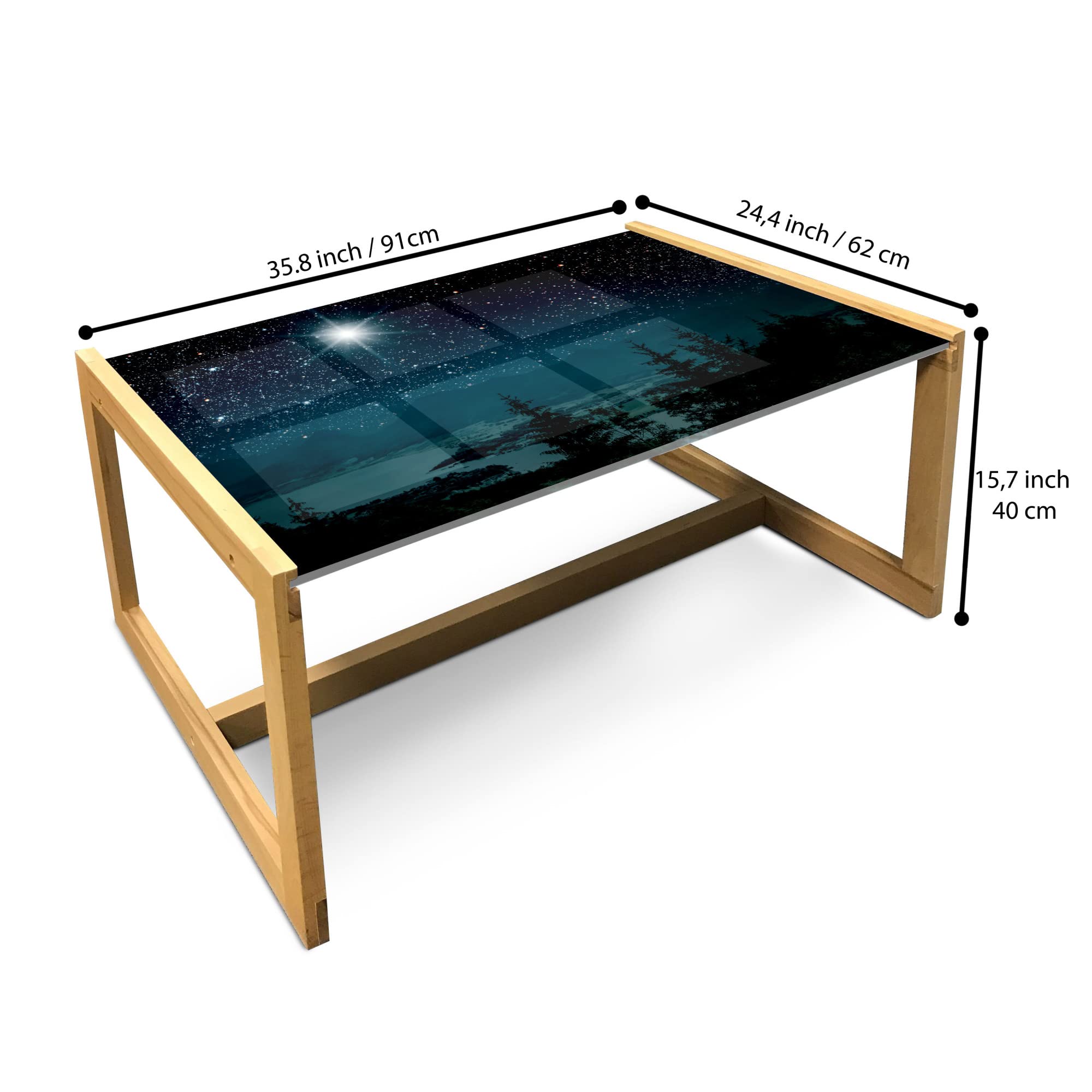Ambesonne Starry Sky Coffee Table with Mountain Pine River Midnight Scenery Print - Acrylic Glass Top & Wooden Frame - Large Dark Teal & Emerald Home Office Decor - Perfect for Living Rooms, Dorms, and Cozy Spaces