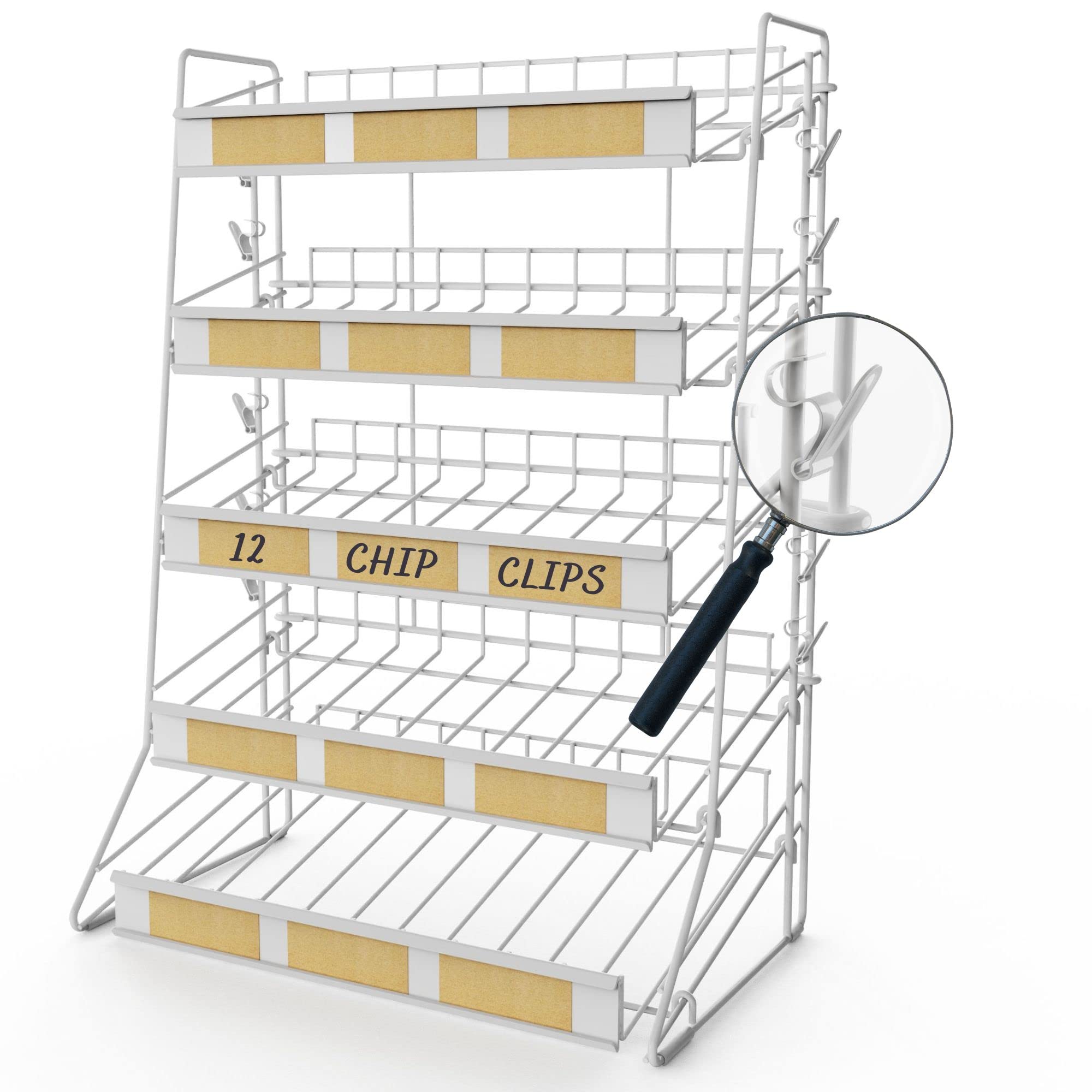 5-Tier Candy Display Rack - Large Countertop Snack Organizer | Portable Concession Stand for Home Theater, Retail Stores & Parties | White Metal Shelf with 12 Clips - Perfect for Candy, Chips & Treats Display