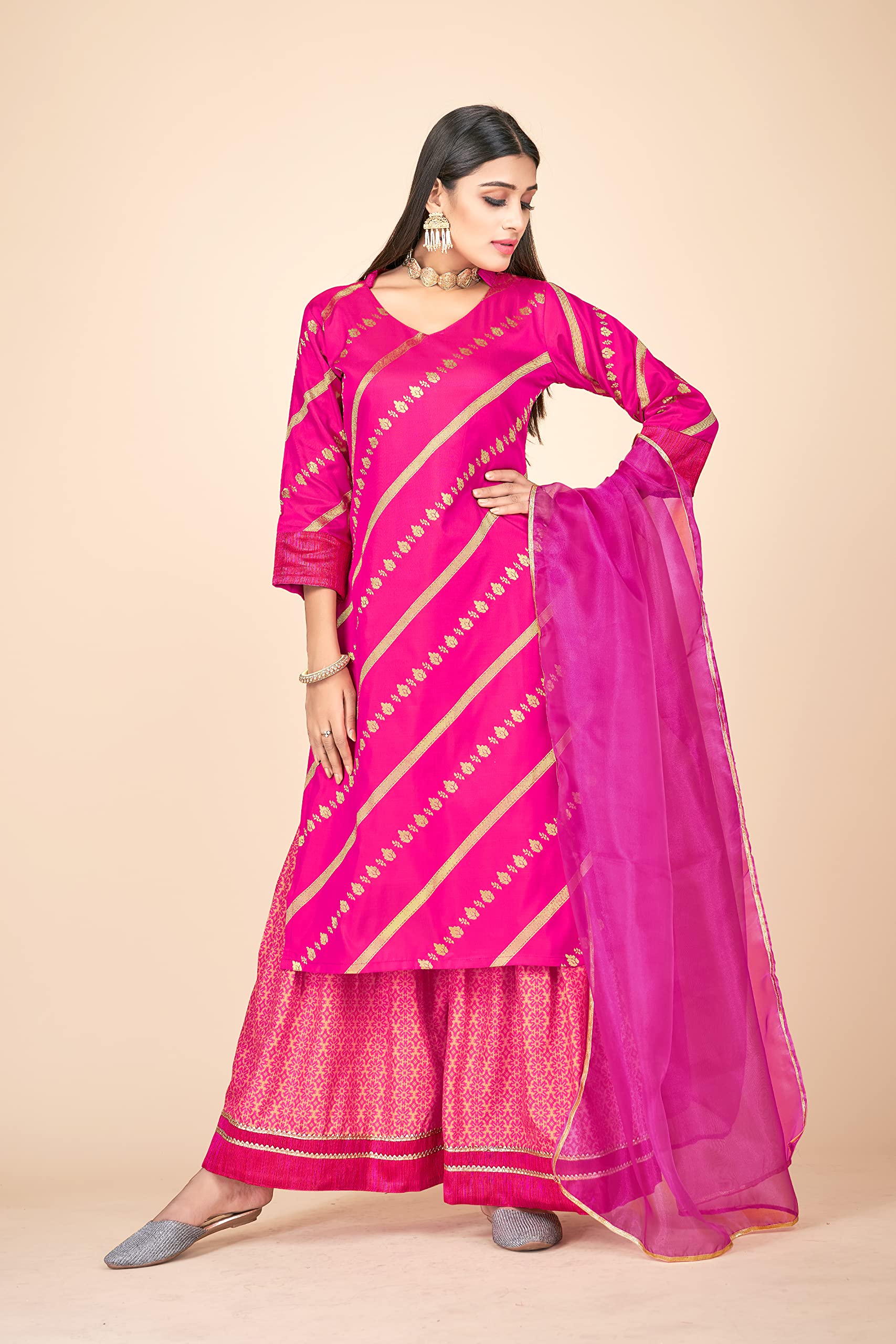 Art Silk Woven Ready-Made Indian Kurti for Women with Palazzo & Dupatta | Elegant Kurtis & Kurta Tops for Casual Wear, Parties & Festivals