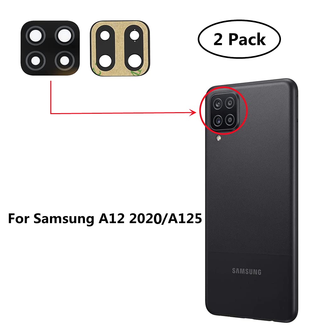 Original 2-Pack Samsung Galaxy A12 2020/A125 Rear Camera Glass Lens Replacement with Preinstalled Adhesive & Repair Tools - Black (Compatible with All Carriers) | DIY Phone Repair, Lens Protection, Cracked Camera Fix Solution