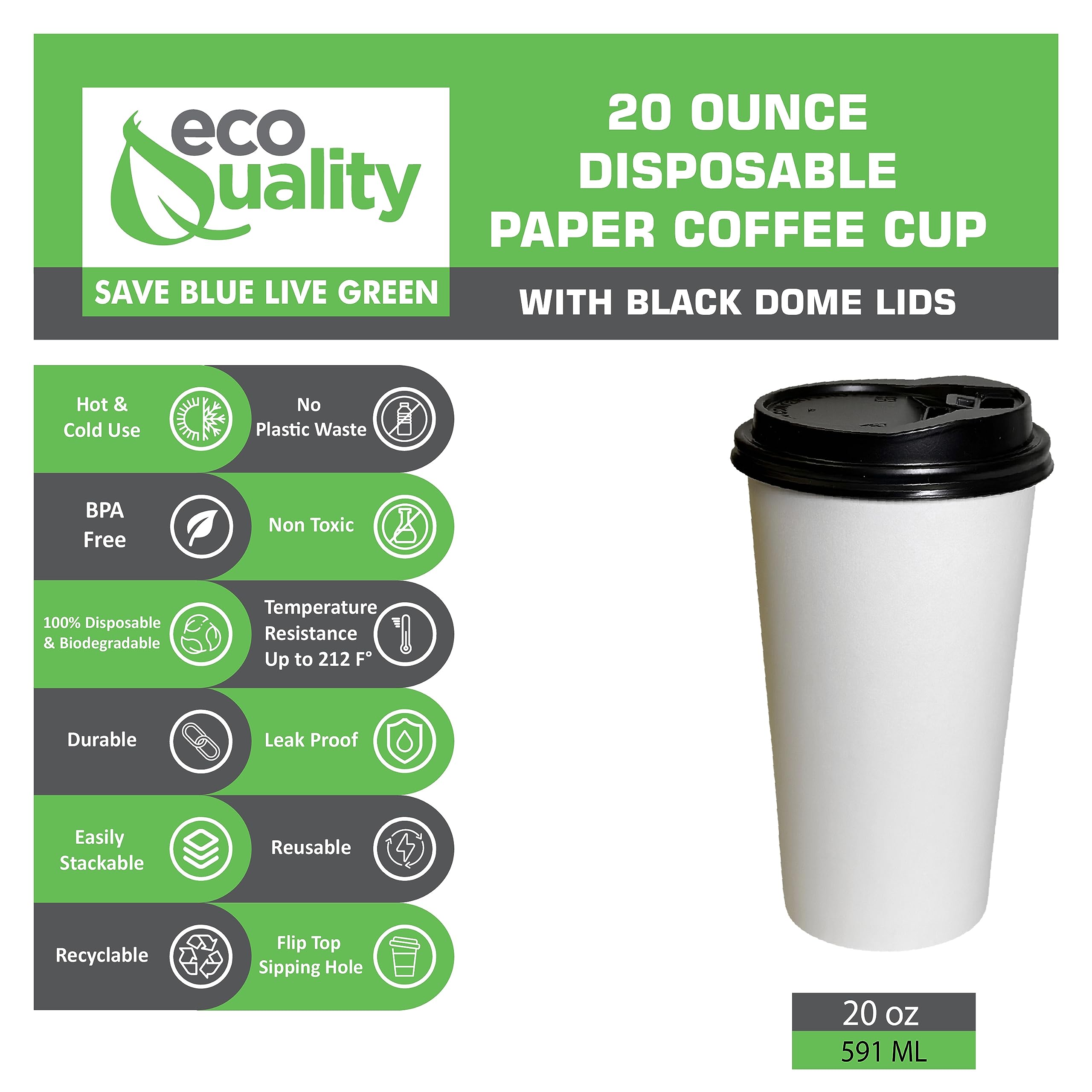 EcoQuality 20oz Disposable White Paper Coffee Cups with Black Lids - Bulk Pack of 400 - Perfect for Hot Coffee, Tea, Cappuccino, Hot Chocolate & Chai Latte - Ideal for Office, Cafes, Travel & Home Use