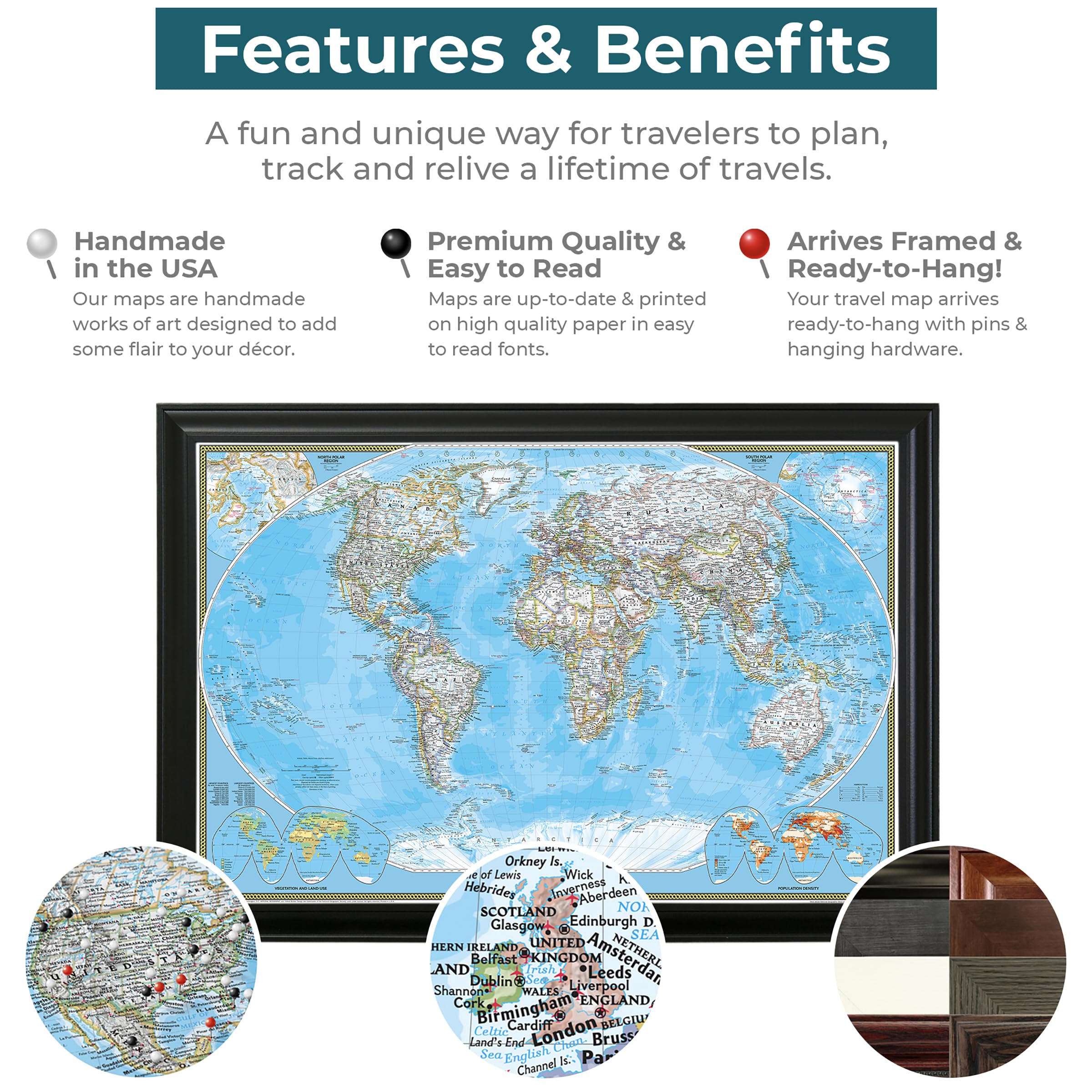 Push Pin Travel Map - Classic World Black with 150 Pins for Tracking Adventures - 27.5