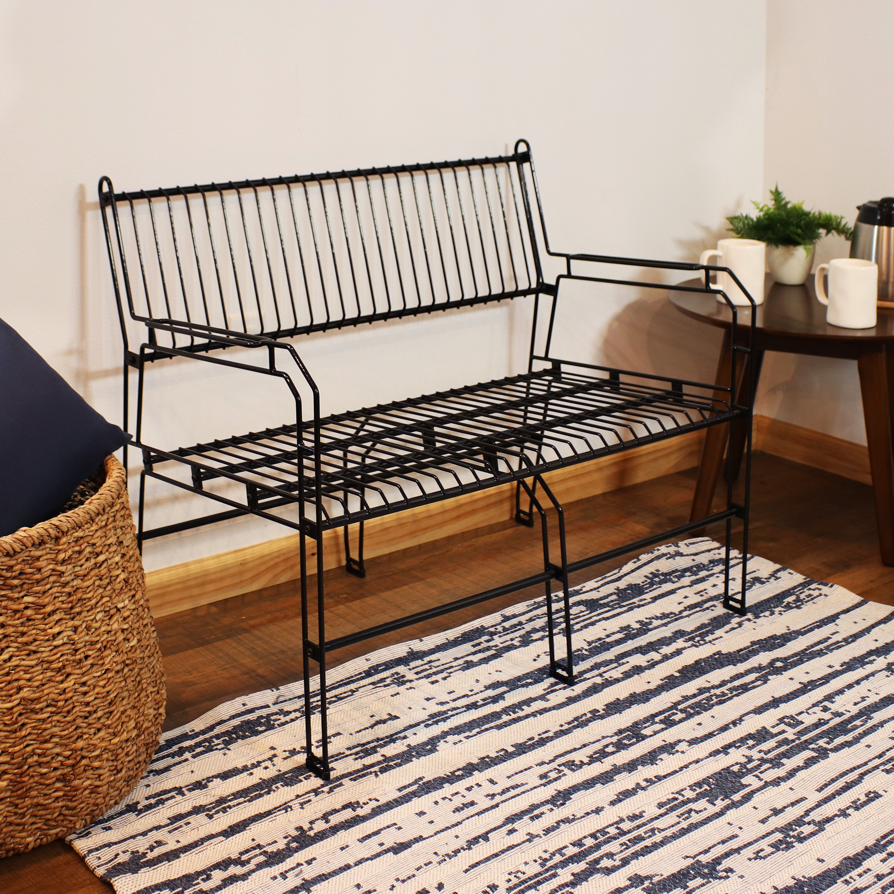 Modern Black Metal Patio Bench for 2 Persons - Outdoor Garden, Porch & Backyard Seating - Sunnydaze Durable Weather-Resistant Furniture