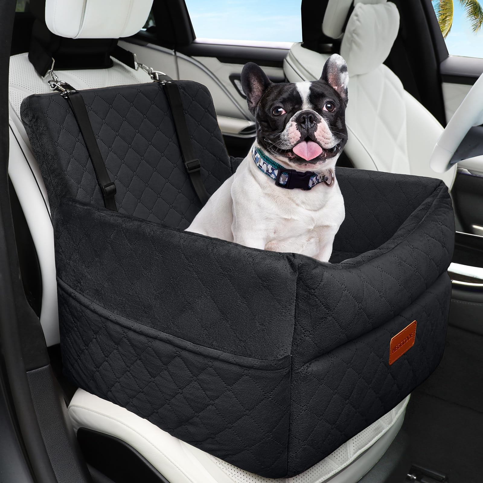 **Memory Foam Dog Booster Car Seat for Small & Medium Dogs Under 35lbs - Washable Pet Car Bed with Storage Pockets & 2 Safety Belts - Perfect for Travel, Road Trips & Daily Commutes**
