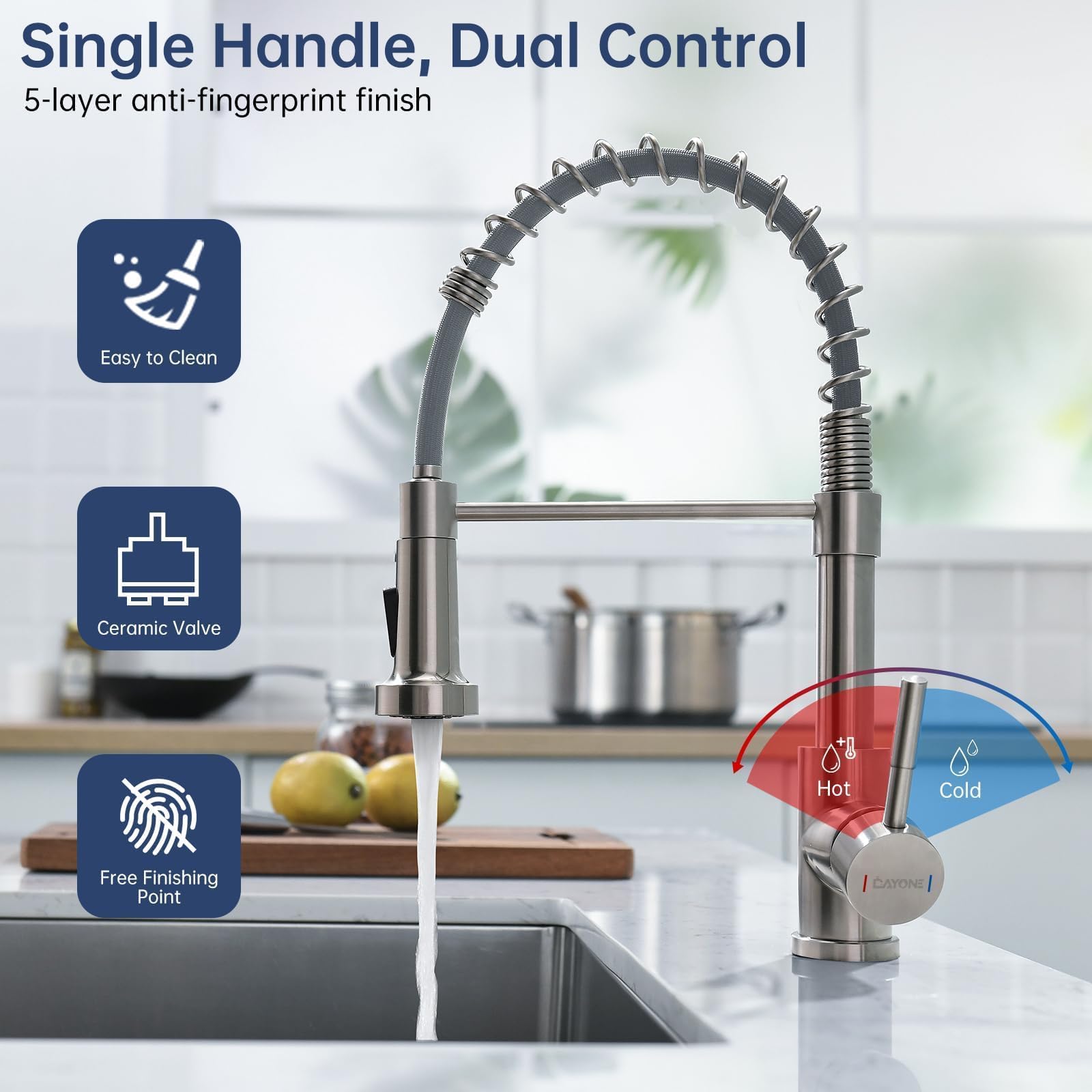 DAYONE Brushed Nickel Kitchen Faucet with Pull-Out Sprayer - High Arc Single Handle for Modern Kitchens