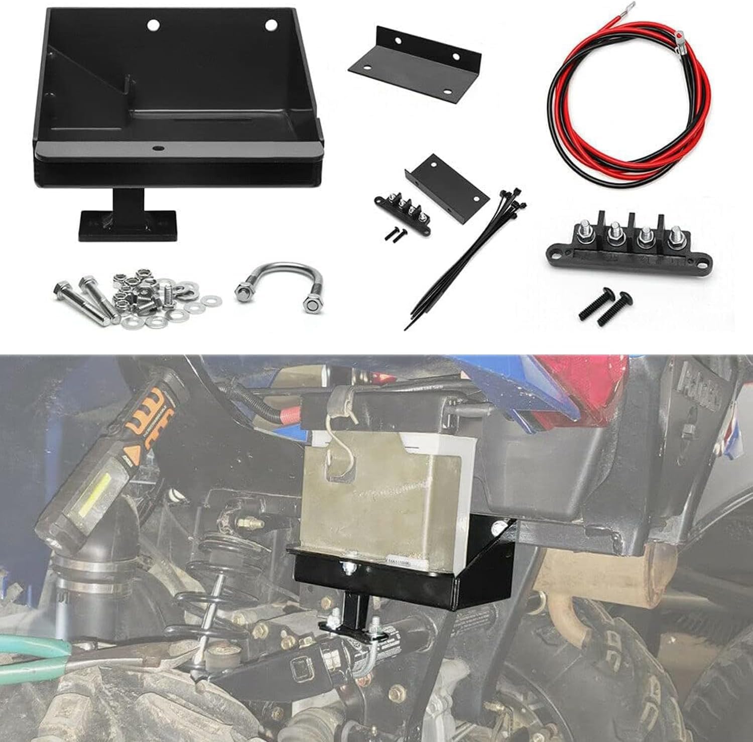 Polaris Sportsman 450 570 Battery Relocation Kit (2014-2021) - Aluminum Battery Box Tray with Wires & Remote Terminals - Durable Replacement for Off-Road ATV Accessories - Perfect for Trail Riding & Outdoor Adventures (Black)