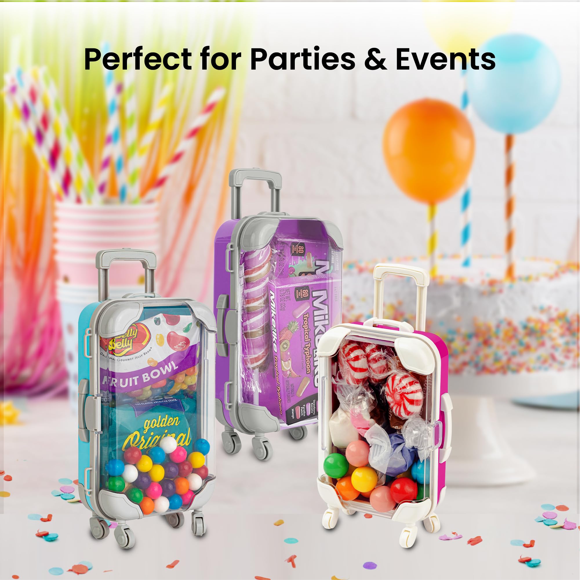 Mini Plastic Suitcase Party Favor Boxes - Cute Rolling Luggage Candy & Lash Containers for Birthday, Wedding, Baby Shower Favors - Travel-Themed Party Decorations & Gift Boxes