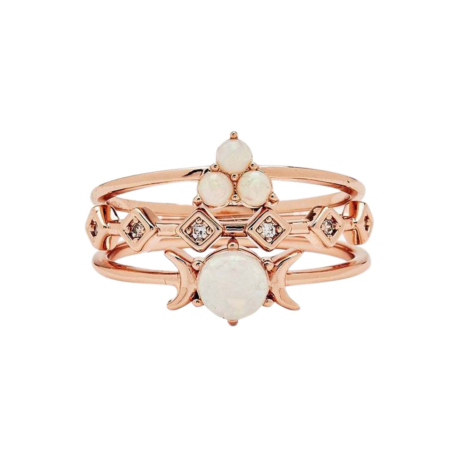 Opal Sweet Moon Adjustable Fashion Rings for Women & Girls - 3-Piece Cute Jewelry Set for Everyday Wear, Gift Giving & Special Occasions