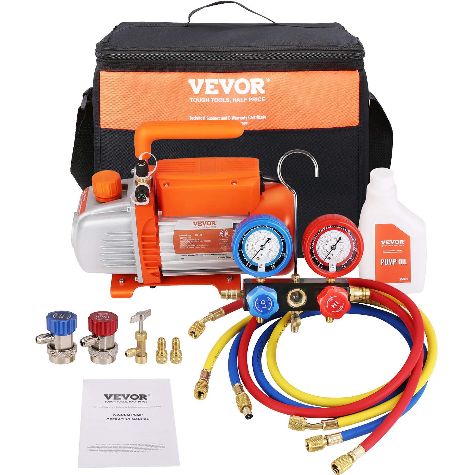 VEVOR 1/4 HP 4 CFM Single Stage Rotary Vane HVAC Vacuum Pump & AC Manifold Gauge Set with 3-Color Hoses & Carry Bag - Compatible with R134a & R410a Refrigerants - Perfect for AC Repair, Refrigerant Recovery, and HVAC System Maintenance