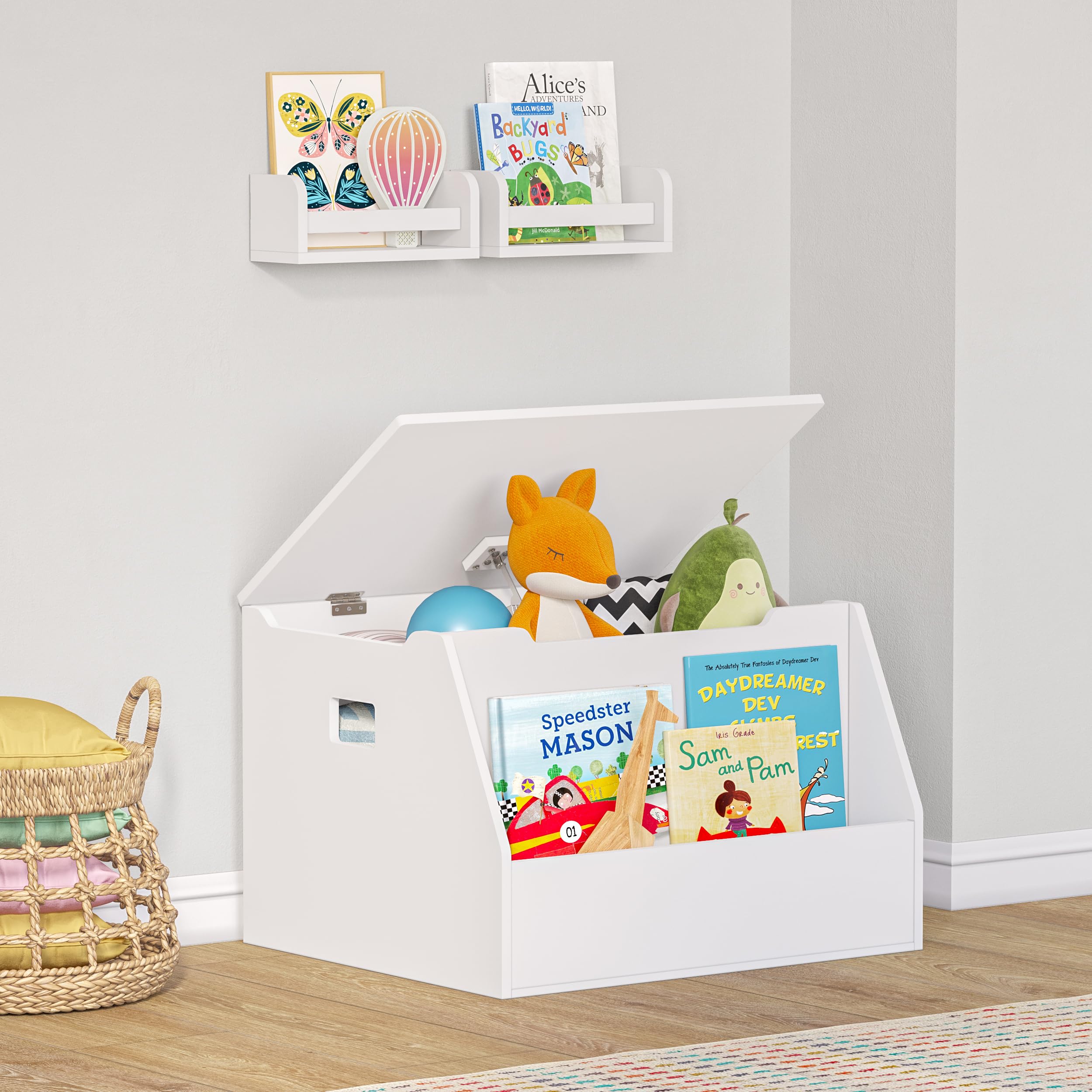 RiverRidge Kids Toy Storage Box with Front Bookrack & 2 Floating Bookshelves - White Organizer for Nursery, Playroom & Bedroom - Perfect for Storing Toys, Books & Kids Essentials