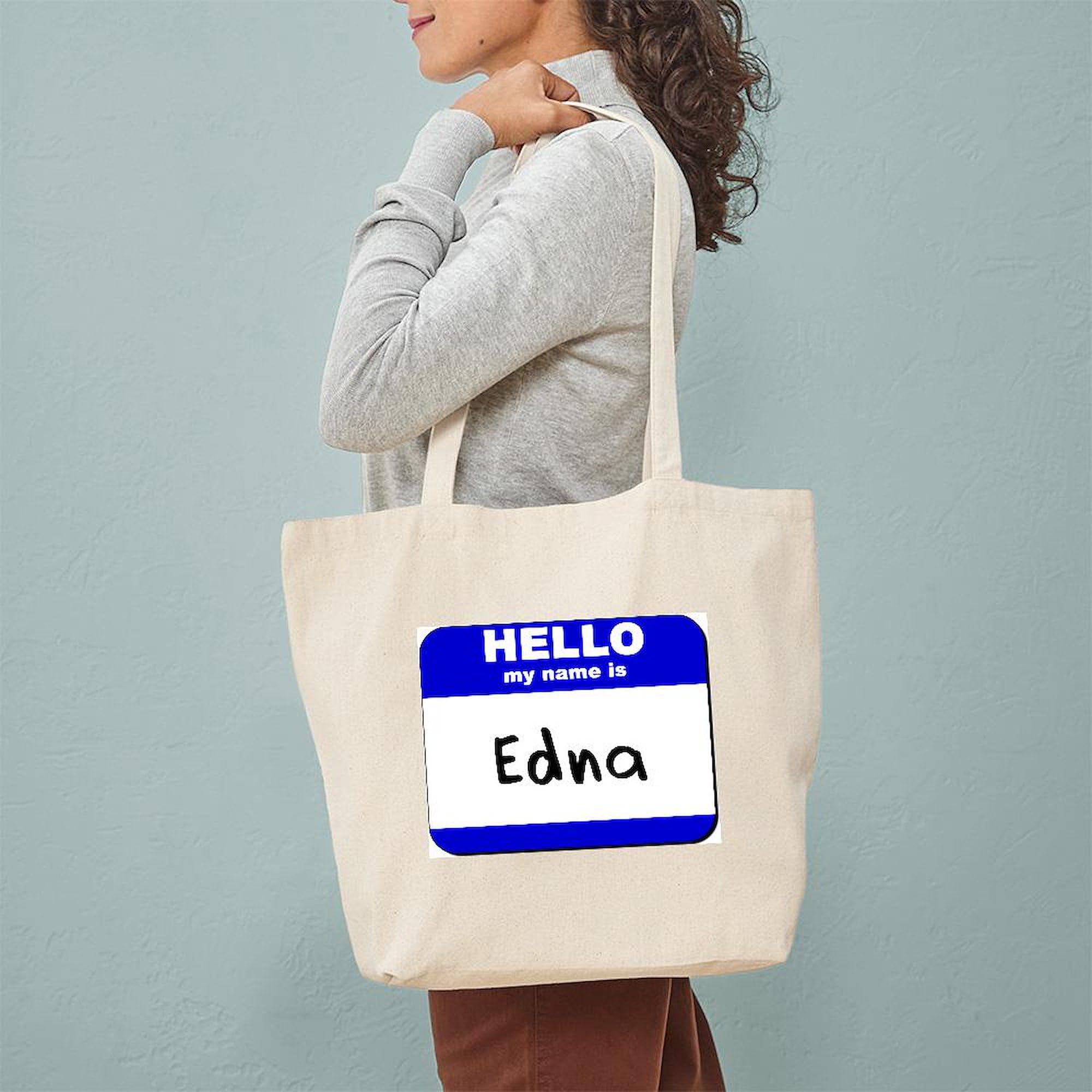 Hello My Name Is Edna Natural Canvas Tote Bag - Reusable Grocery Shopping Bag for Women, Eco-Friendly Beach Tote & Work Commute Bag