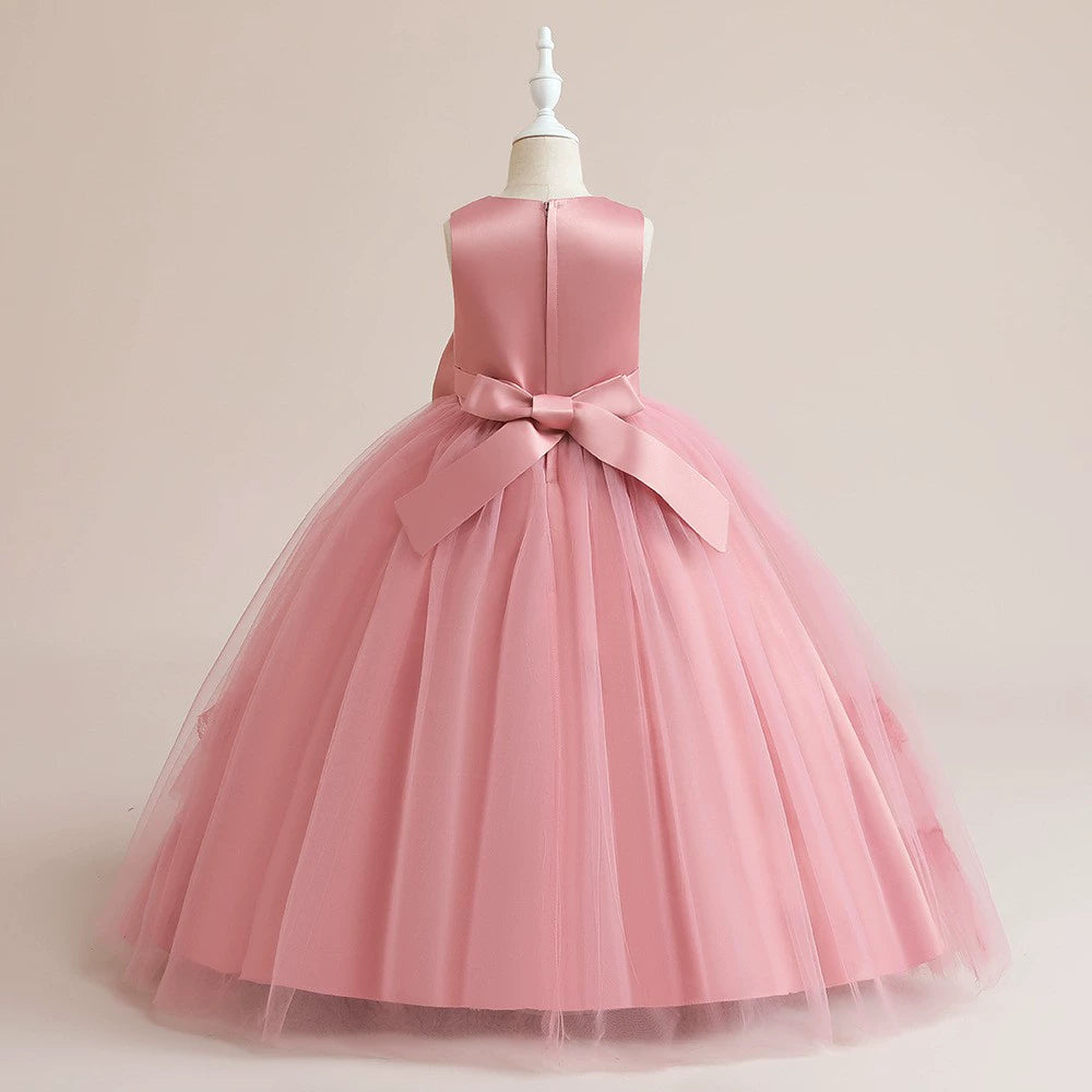 Pink Princess Round Floor Length Satin Flower Girl Dress for Weddings, Baptisms & Special Occasions