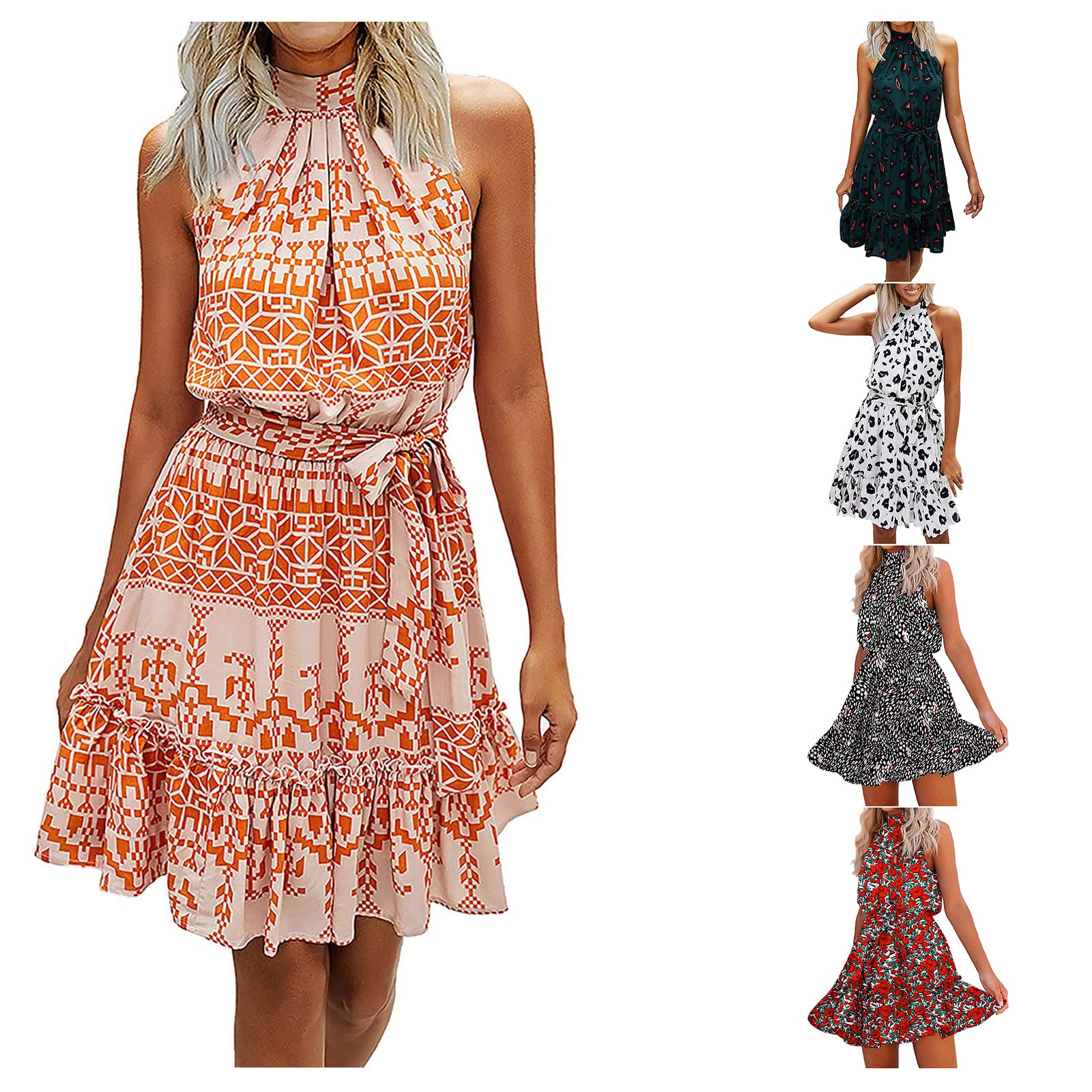 Women's Halter Dress Summer Sleeveless Bohemian Printed Sundress Ruffle Swing Dress with Belt - Perfect for Beach Vacation, Music Festival & Boho Chic Outfits