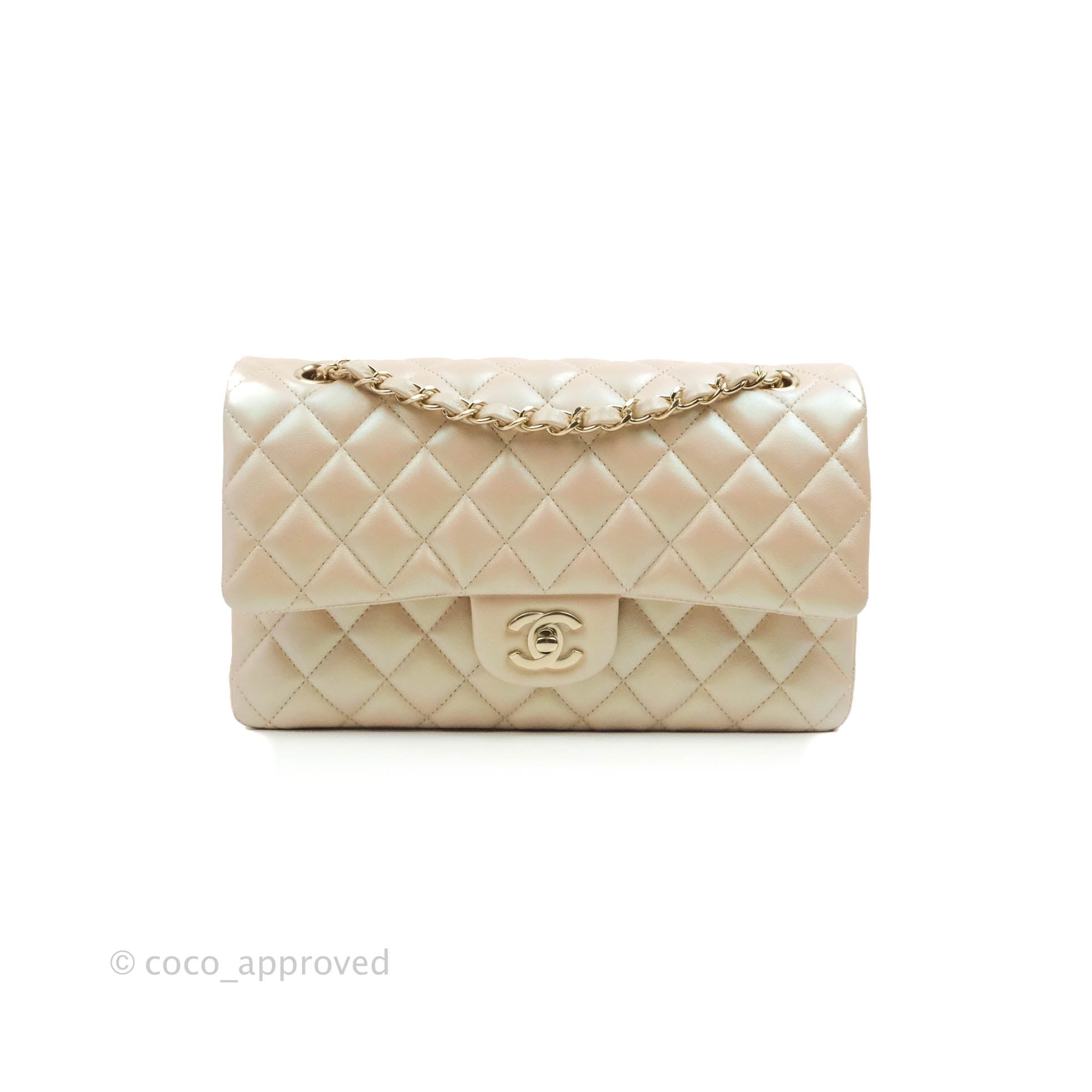 Chanel Classic Medium Double Flap Bag Iridescent Beige Calfskin Leather with Gold Hardware 21S Collection - Perfect for Luxury Everyday Use & Special Occasions