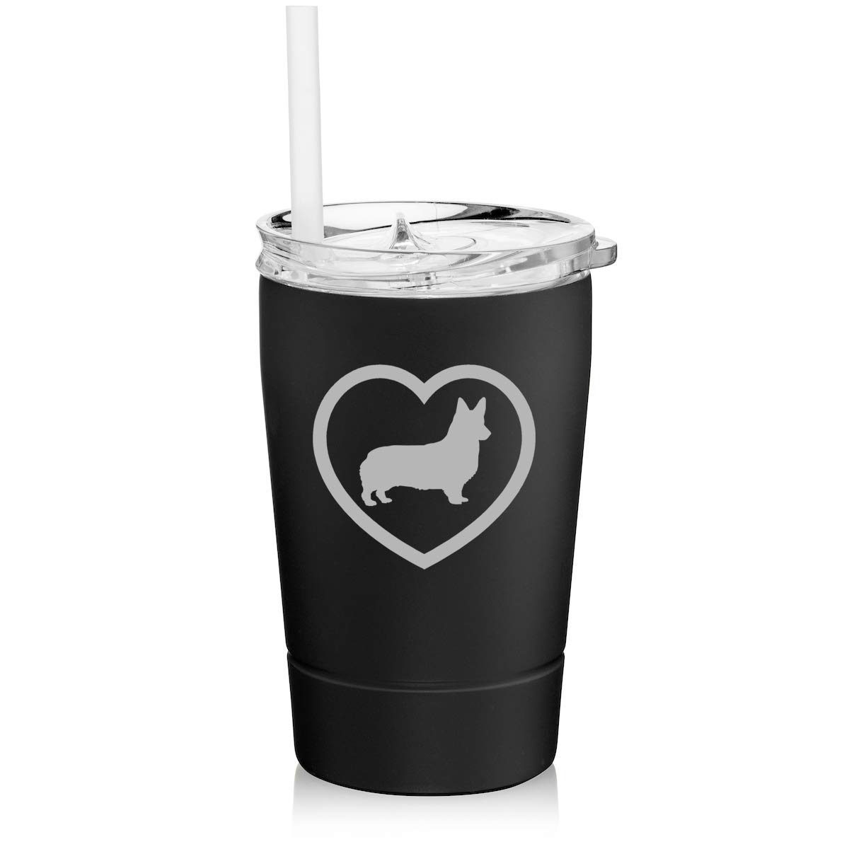 12 oz Stainless Steel Vacuum Insulated Tumbler with Straw - Double Wall Thermal Coffee Travel Mug for Hot & Cold Drinks - Corgi Heart Design (Black) - Perfect for Office, Commuting, Hiking & Outdoor Activities