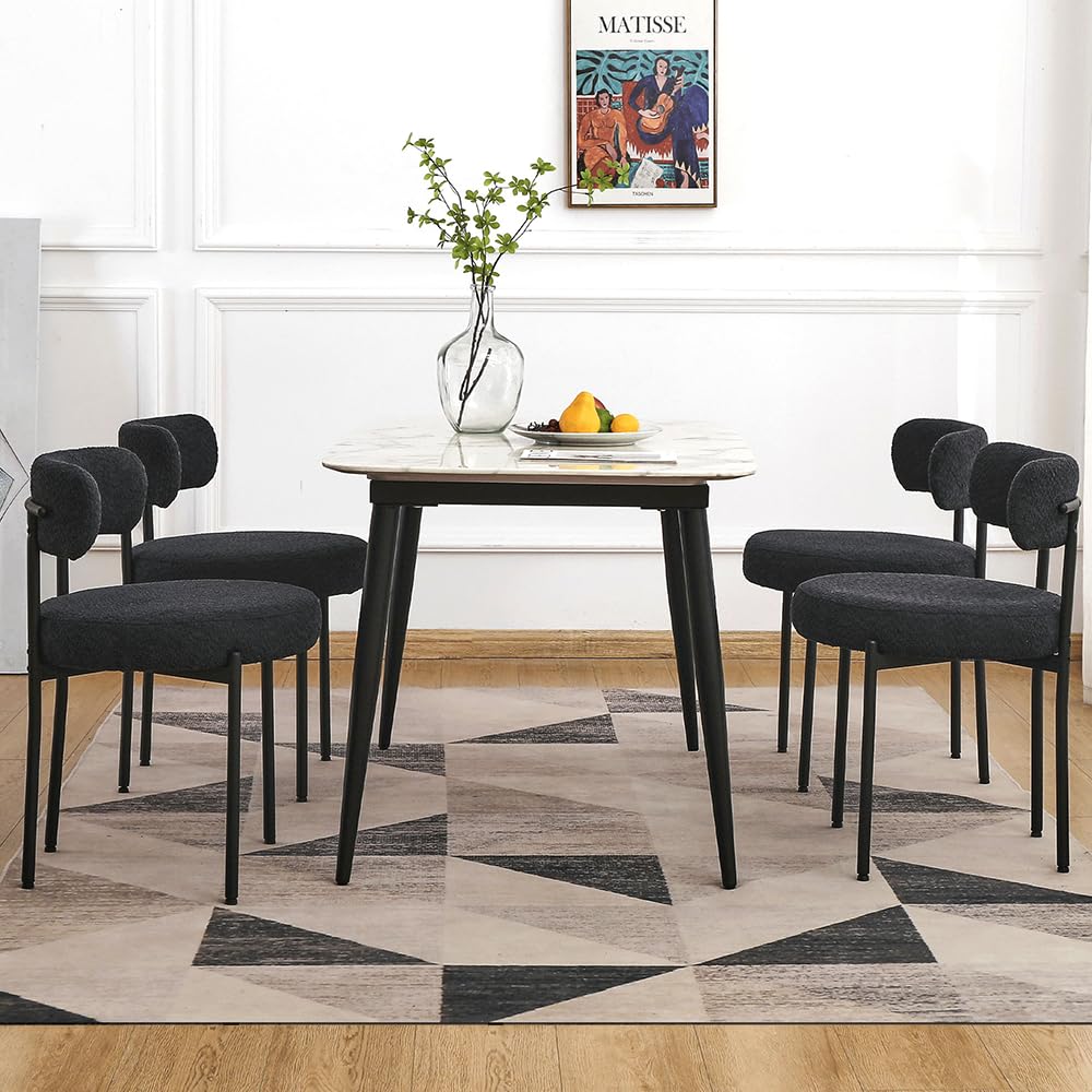 EDWELL Black Boucle Dining Chairs Set of 4 - Mid Century Modern Upholstered Kitchen Chairs with 3.94