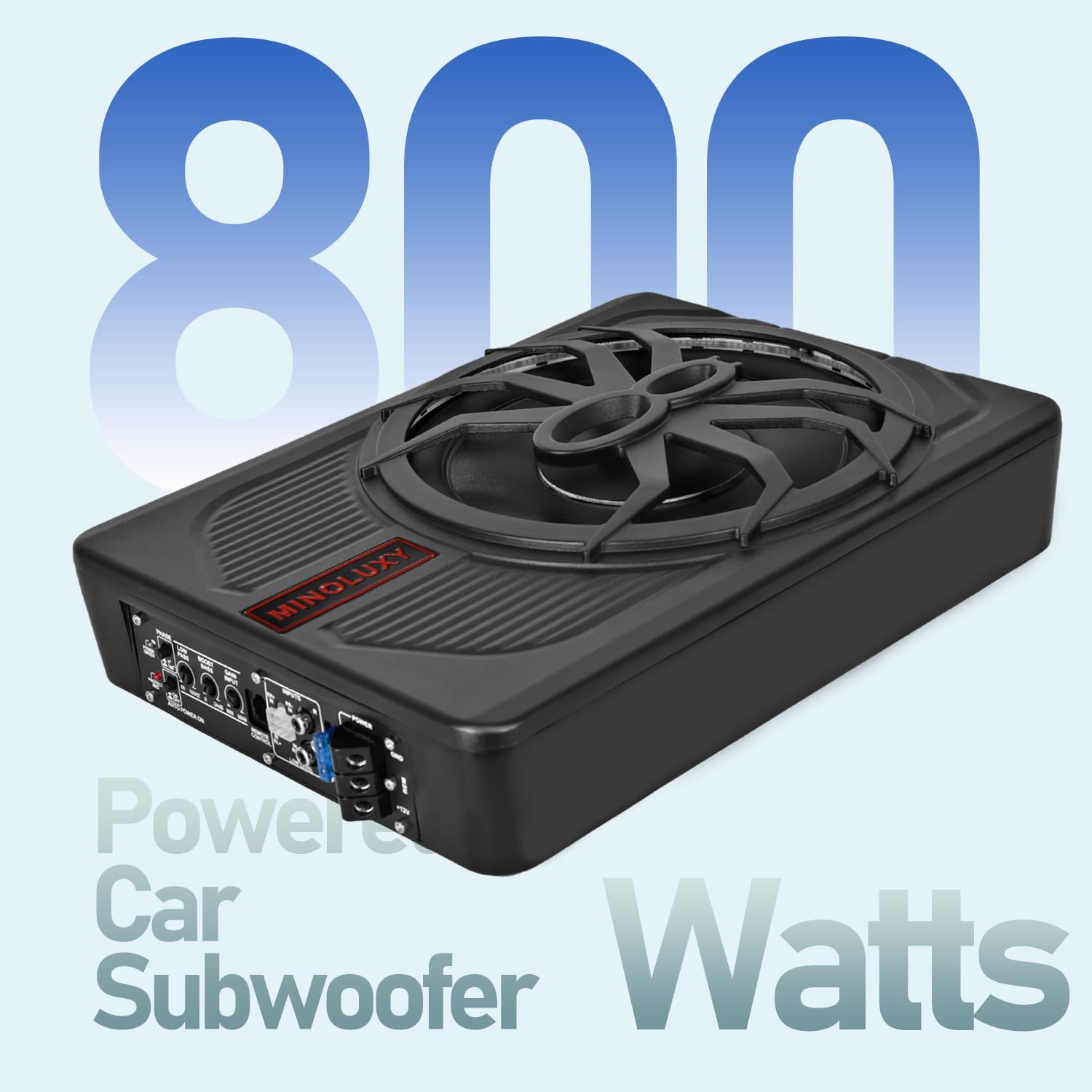 10 Inch 800W Slim Under Seat Powered Car Subwoofer with Built-in Amplifier & Blue LED Lights - High Performance Bass for Cars & Trucks - Perfect for Road Trips, Music Lovers & Enhanced Audio Experience