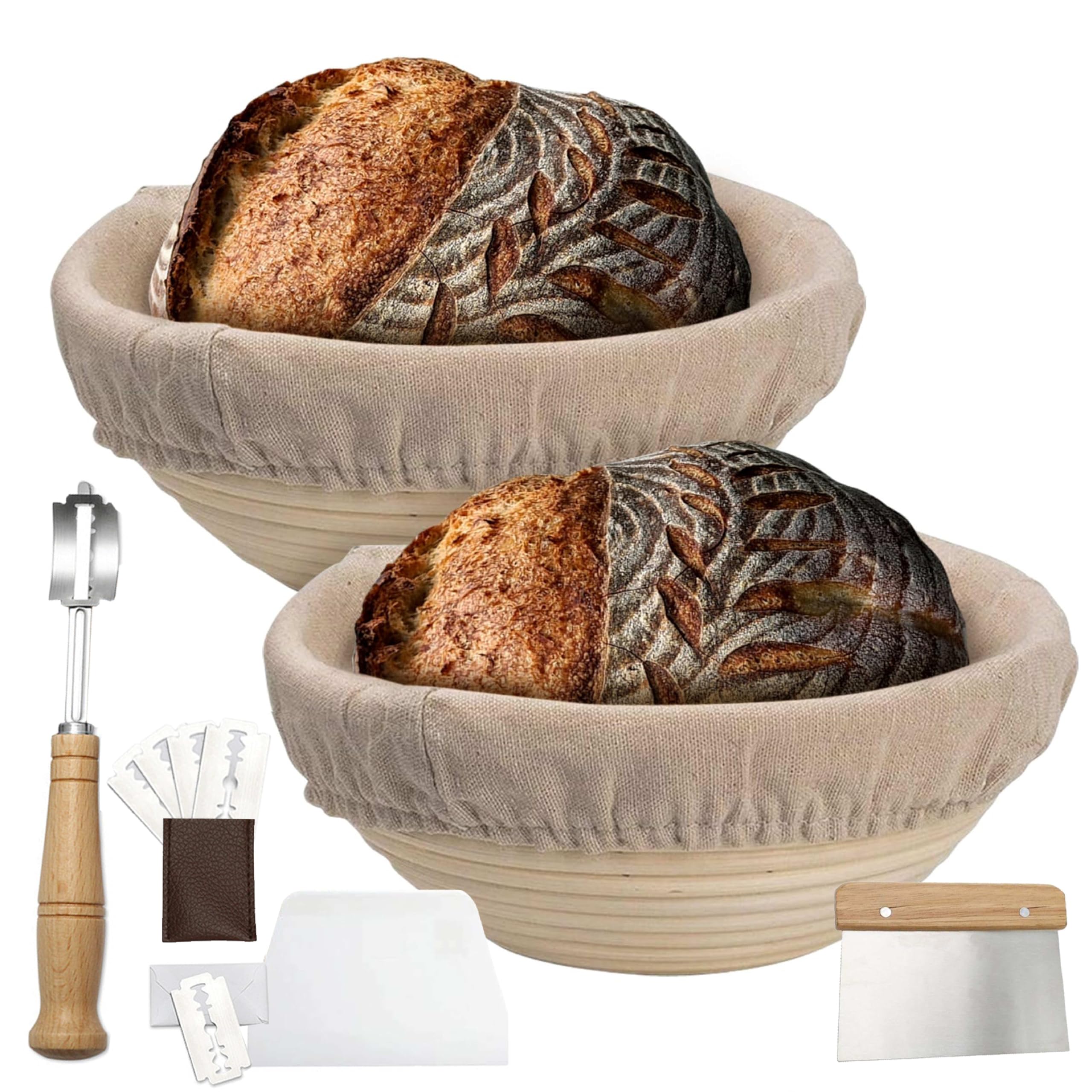 2 Pack 9 Inch Round Bread Proofing Baskets for Sourdough Bread Baking - Banneton Bread Basket Set with Lame, 5 Blades, Dough Scraper & Liner Cloth - Perfect for Artisan Sourdough, Homemade Bread & Baking Enthusiasts