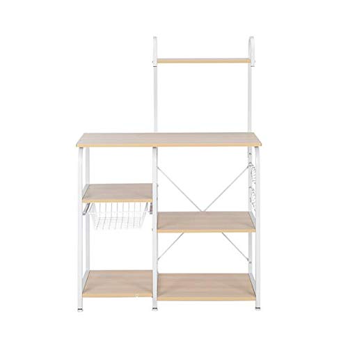 35.5 Inch Light Beige Kitchen Baker's Rack - 4-Tier Microwave Stand with 10 Hooks & Spice Rack Organizer - Sturdy Utility Storage Shelf for Small Spaces, Pantry Organization & Kitchen Workstation