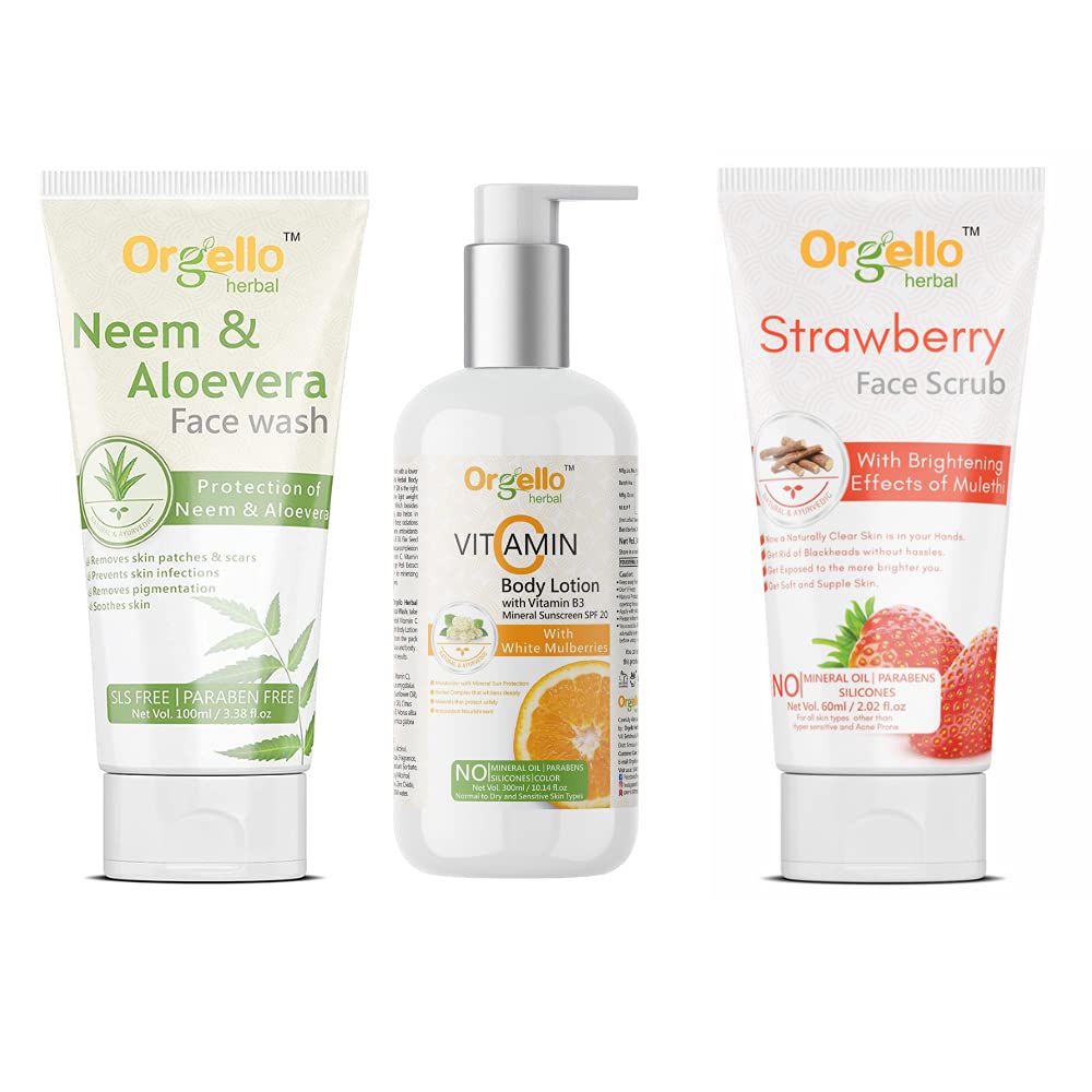 Organic Neem Face Wash 100ml + Vitamin C Body Lotion 300ml + Strawberry Face Scrub 60ml | 3-Piece Skincare Set for Acne, Brightening & Exfoliation | Daily Facial Cleansing & Body Care Routine