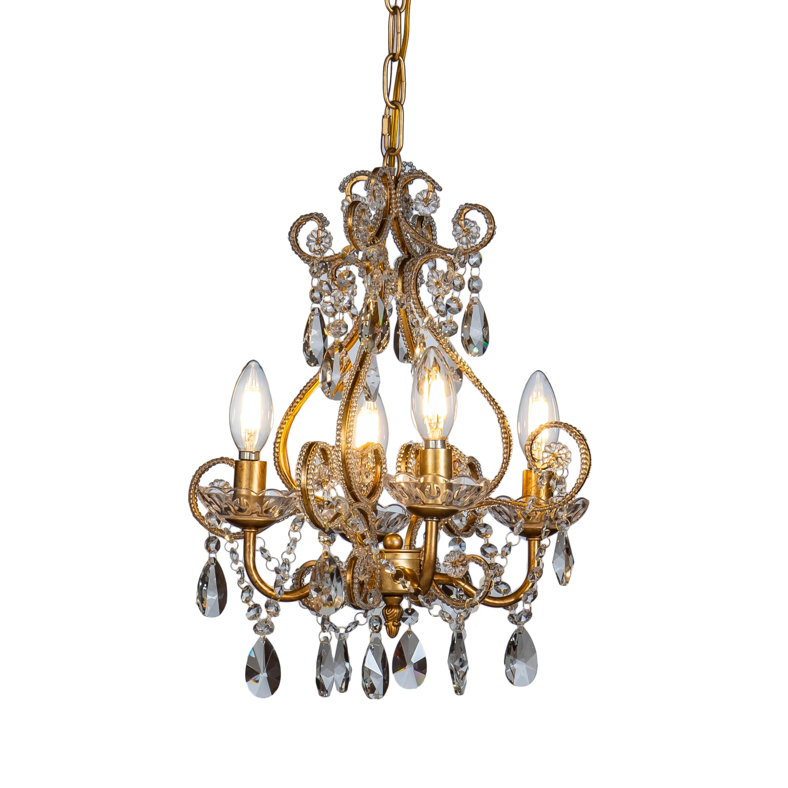 4-Light 14-Inch French Country Chandelier - Antique Gold Small Crystal Dining Room Chandelier - Vintage Swag Lamp with Crystal Teardrop Beads - Gothic Style Ceiling Light for Bedroom, Foyer & Living Room