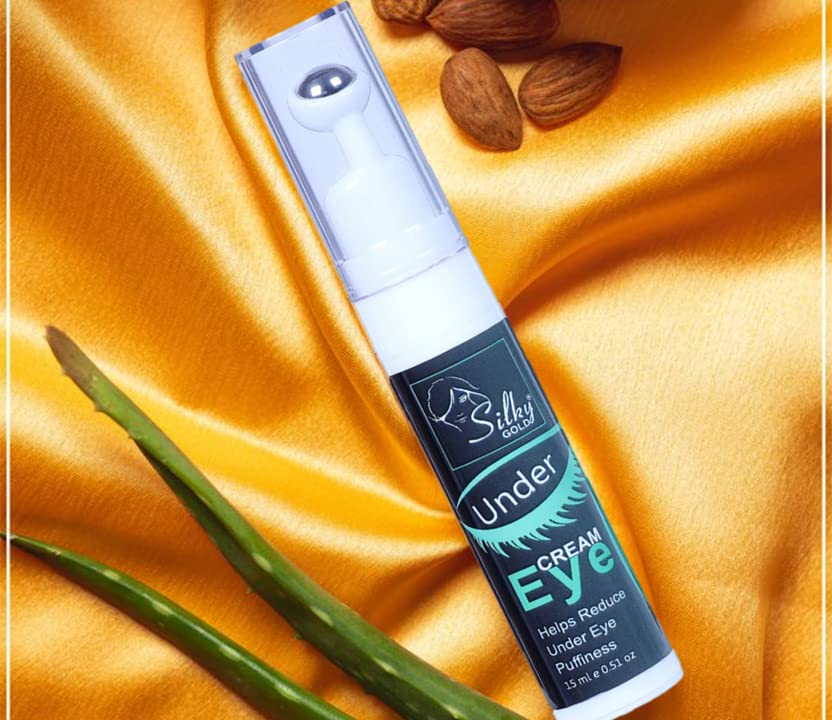Silky Gold Under Eye Cream for Dark Circles & Wrinkles - 15ml Roll-On with Cooling Massage Roller | Reduces Puffiness, Fades Fine Lines | Perfect for Night Routine & Travel Skincare