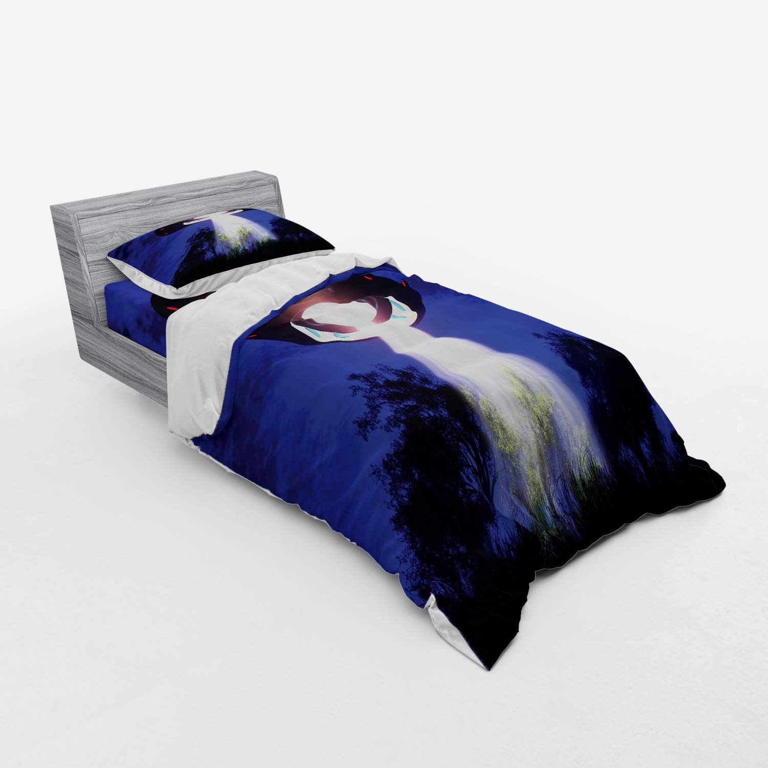 Ambesonne UFO Bedding Set - Twin Size 3-Piece Duvet Cover with Sham & Fitted Sheet, Sci-Fi Alien Space Travel & Woodland Night Scene Design, Multicolor - Perfect for Kids' Rooms, Themed Bedrooms & Sci-Fi Enthusiasts