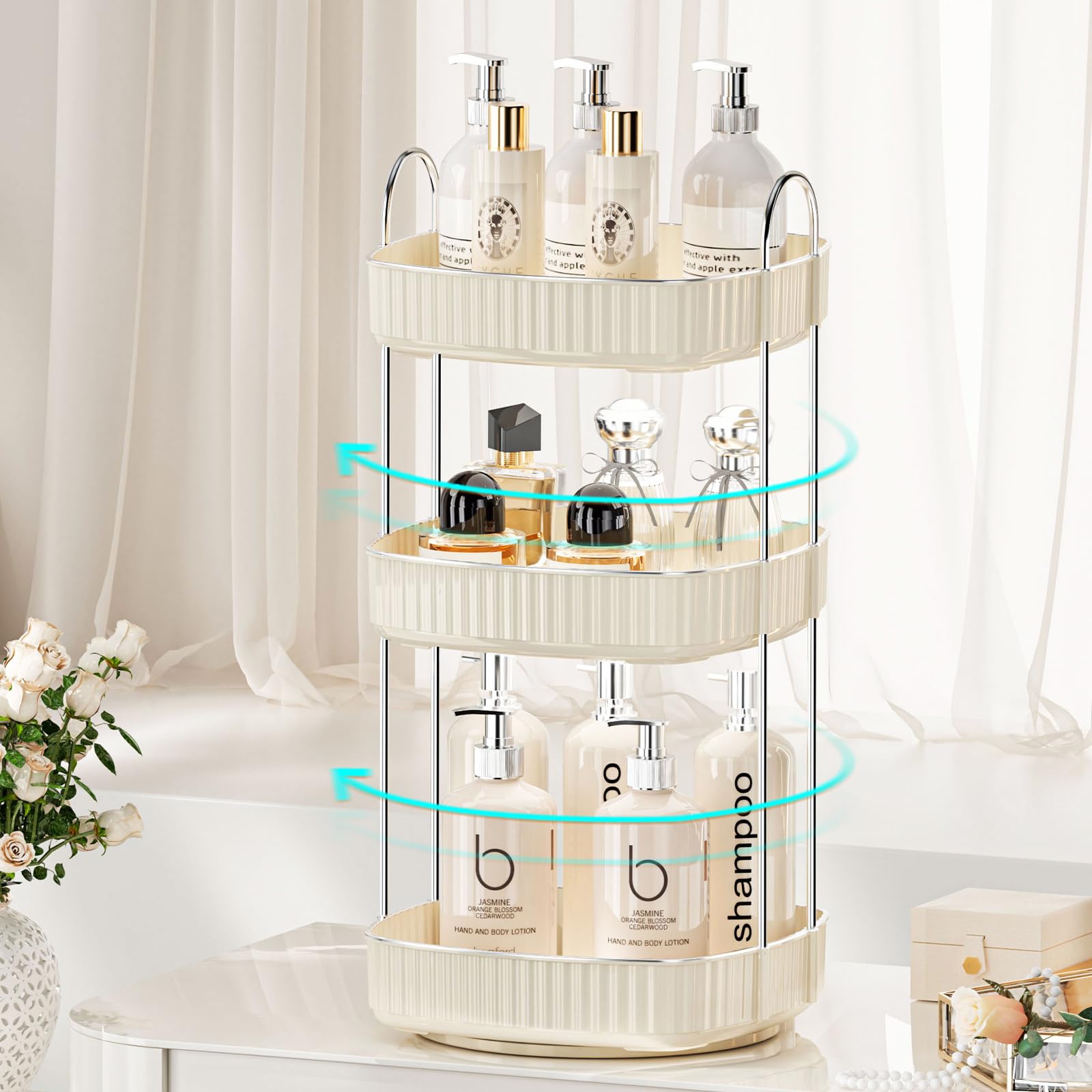 360° Rotating Makeup Organizer - 3-Tier Vanity Tray for Cosmetics & Perfume | Bathroom Countertop Storage
