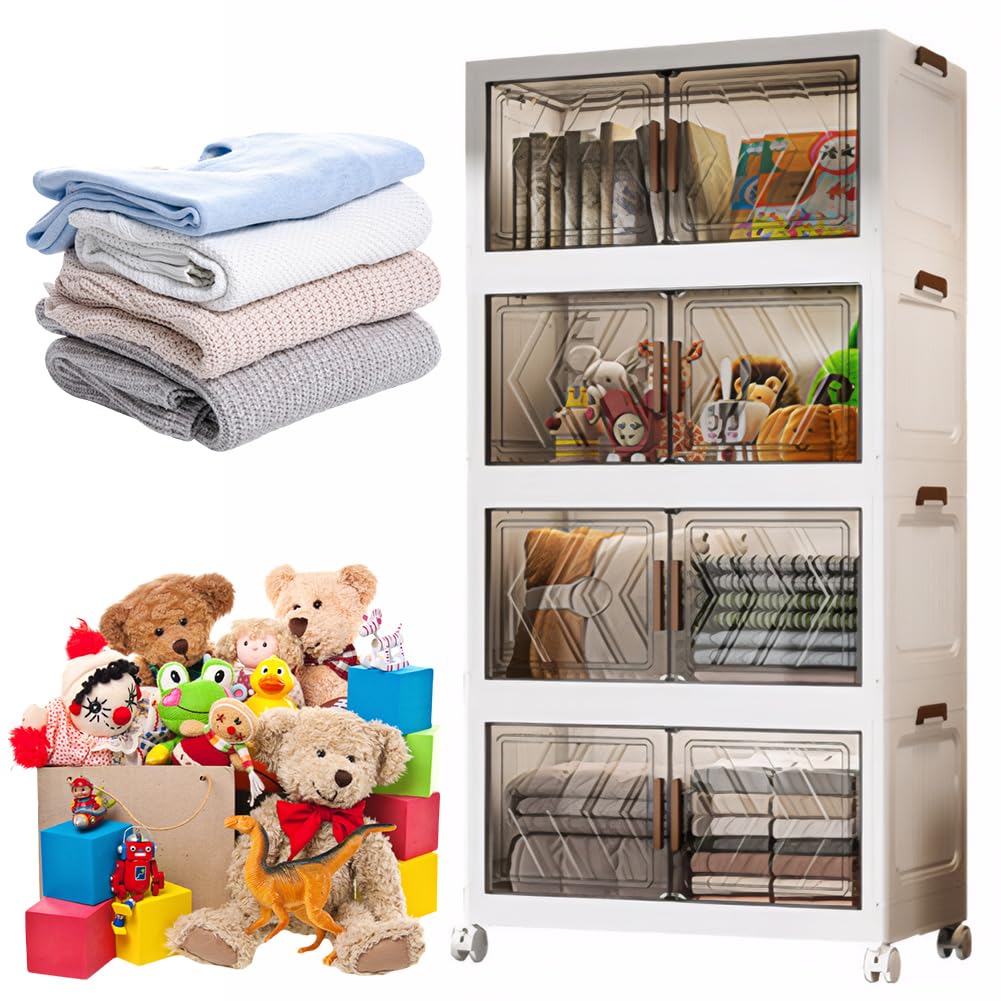 4-Tier Stackable Storage Bins with Lids, Doors & Wheels - Foldable Storage Cabinet Shelf Organizer for Bedroom, Living Room, Office - Perfect for Clothes, Toys, Books & Home Organization