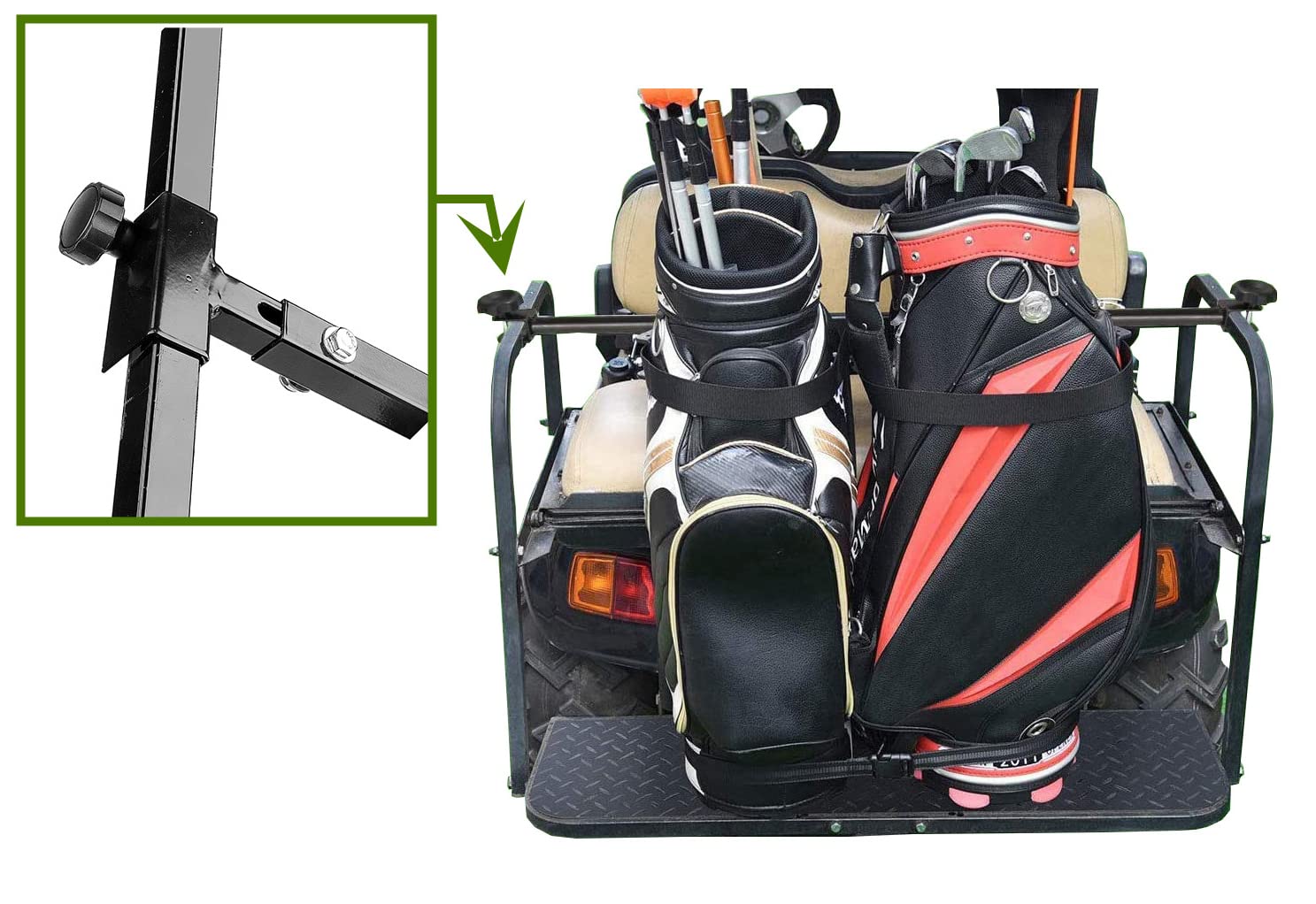 Golf Cart Bag Holder Bracket - Universal Fit for EZGO, Club Car & Yamaha Carts - No Drilling Required & Adjustable Length - Perfect for Golf Bags, Coolers & Storage on Rear Seats