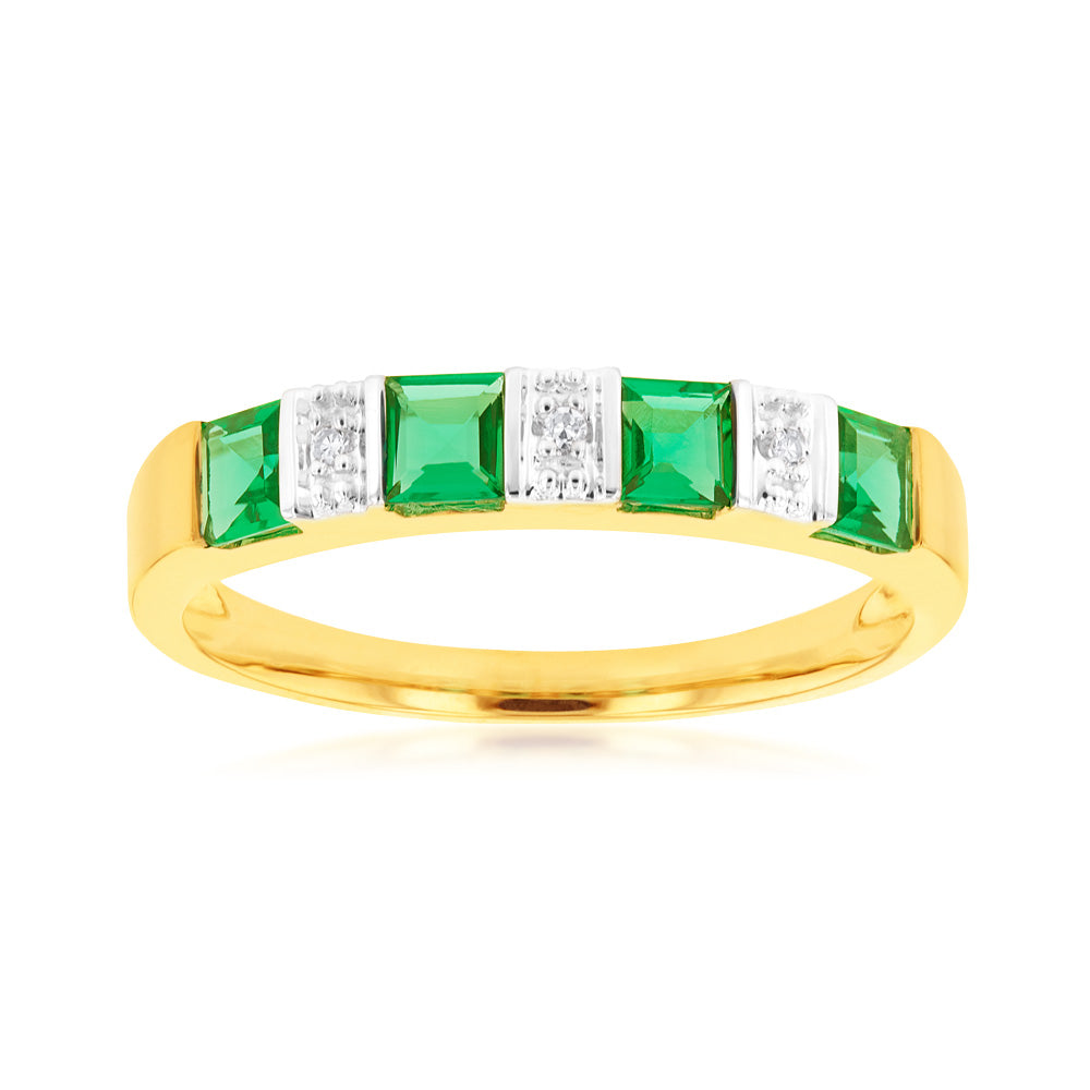 9ct Gold Created Emerald and Diamond Ring - Elegant Jewelry for Women, Perfect for Engagement, Wedding & Special Occasions