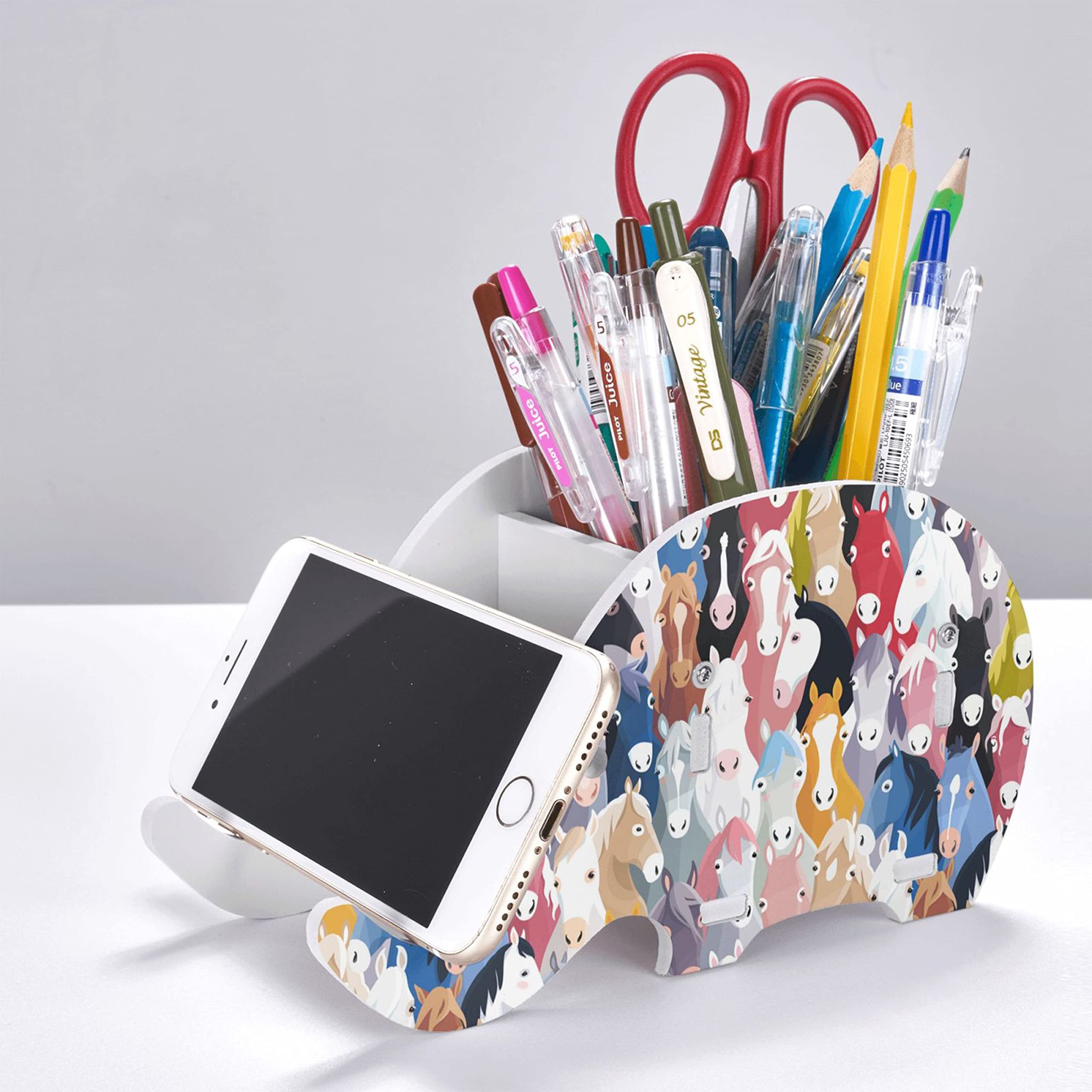 Colorful Elephant & Horse Pen Holder with Phone Stand - Cute Desk Organizer for Office, Home & School - Perfect Stationery Box Gift for Women & Kids - Ideal for Study, Work & Workspace Decoration