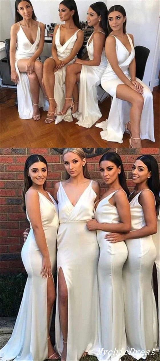 Elegant Ivory V-Neck Long Bridesmaid Dresses - Simple Wedding Guest Gown for Formal Events & Special Occasions
