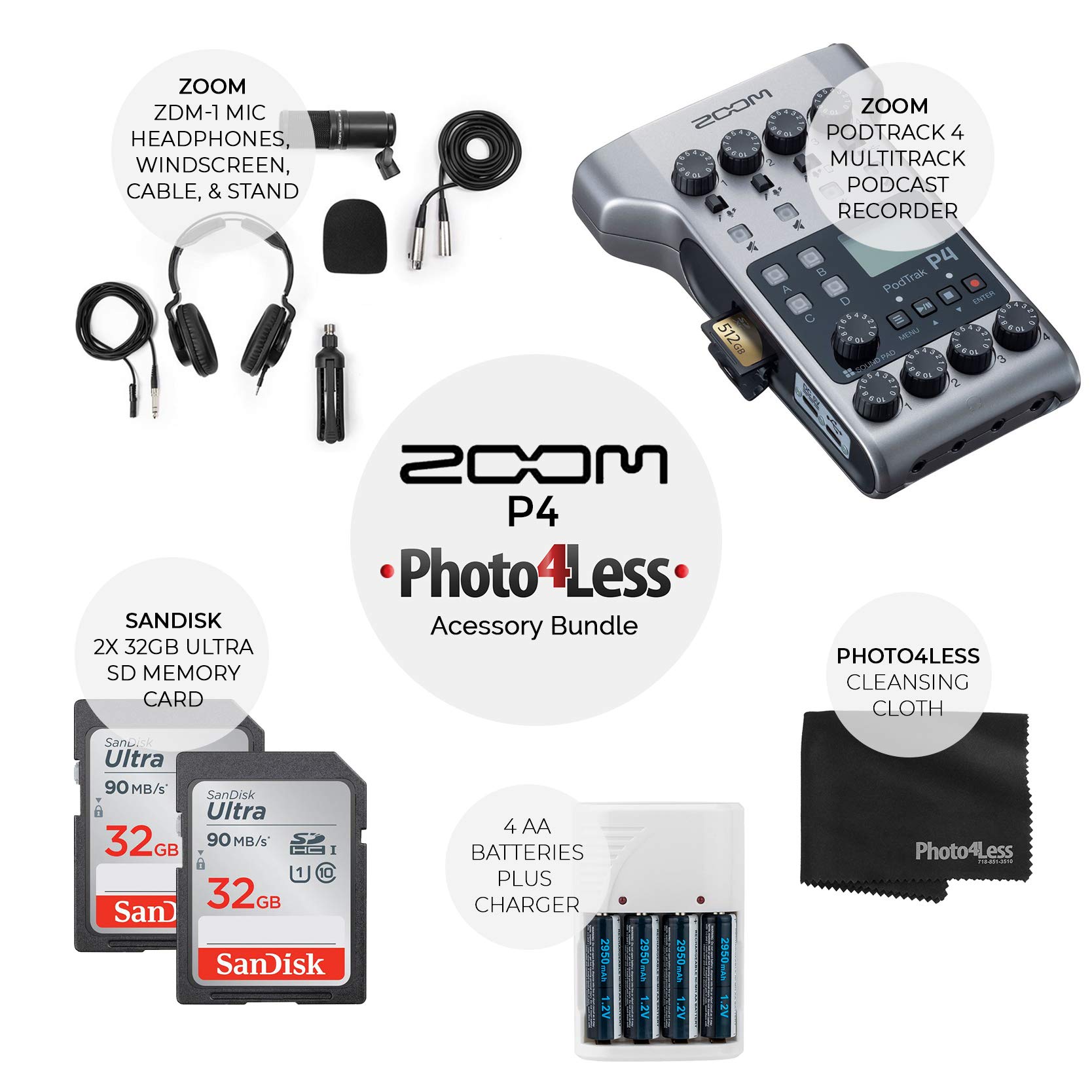 Zoom PodTrak P4 Portable 4-Channel Podcast Recorder Kit with 2x M-1 Mics, Headphones, Windscreen, XLR Cable, Stand, 64GB Memory & Accessories - Perfect for Home Studio, Field Recording & Podcasting