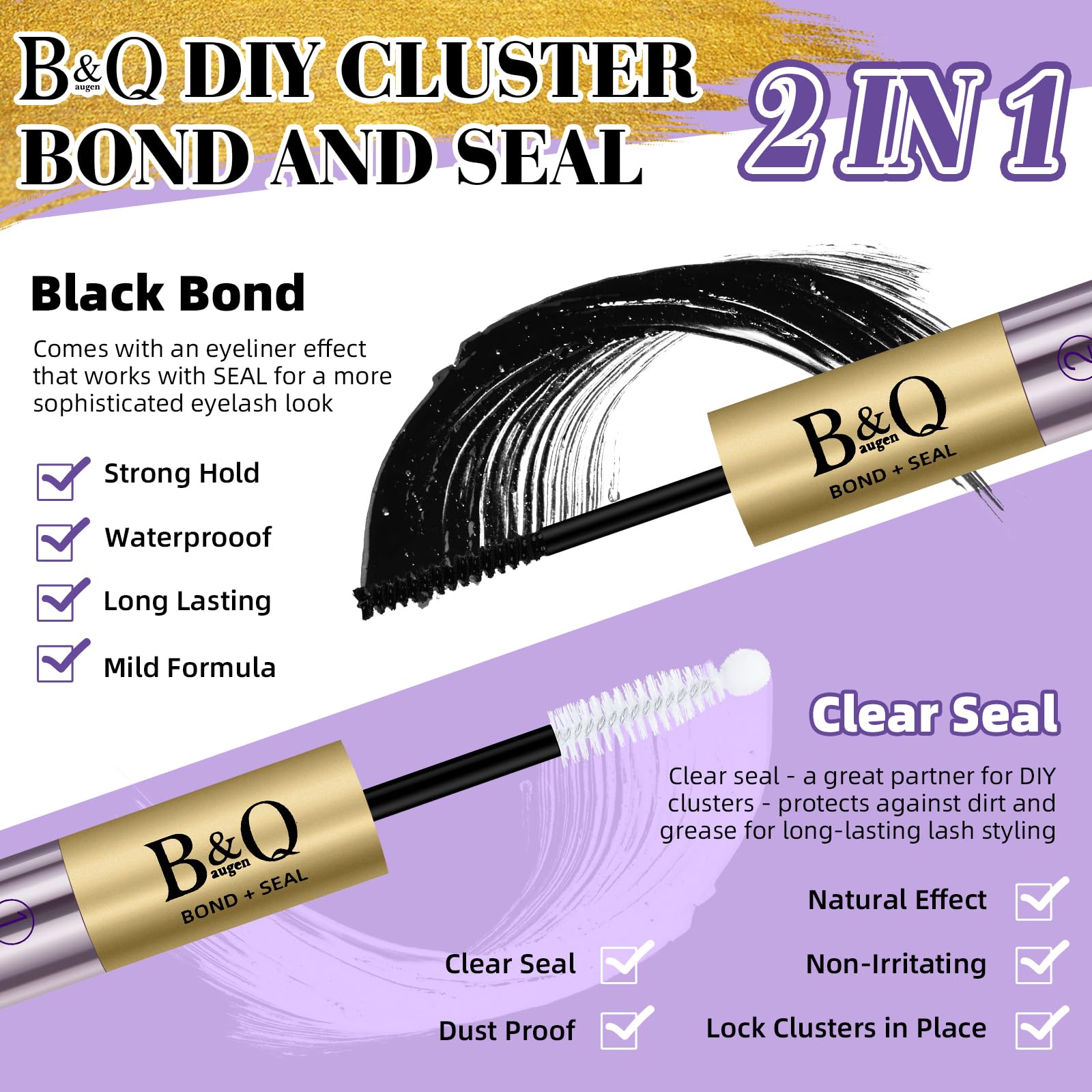 Waterproof 10ML Cluster Lash Glue - Strong Hold 2-in-1 Lash Bond & Seal for Eyelash Extensions | Long Lasting Black Eyelash Adhesive with Mascara Wand | Perfect for Professional Salon Use or DIY Home Lash Application