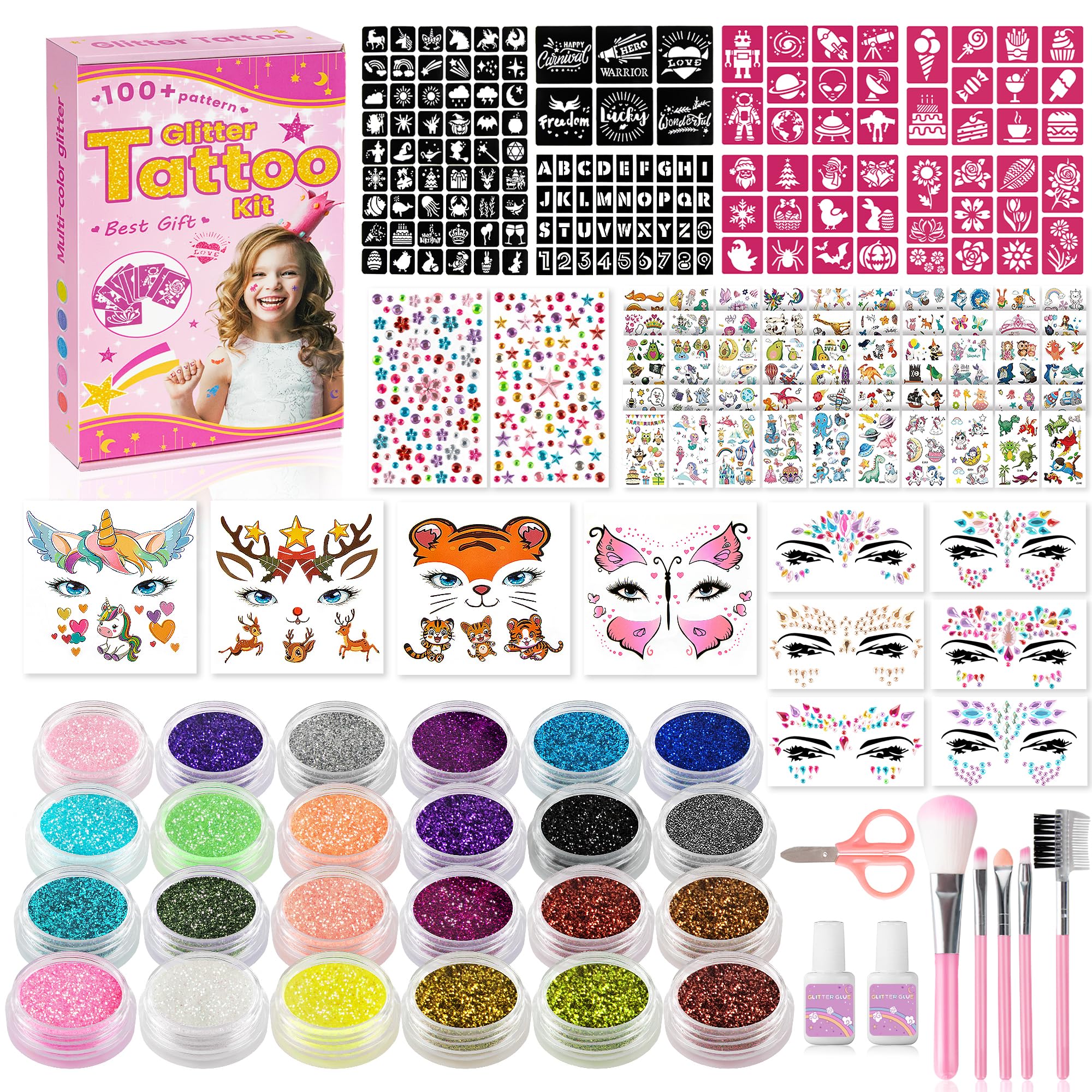 **24 Colors Temporary Glitter Tattoos for Kids - 141 Stencils, 9 Face Gems, 60 Tattoo Stickers, 2 Diamond Stickers & 4 Face Tattoos - Includes 2 Glue & 5 Brushes - Perfect for Birthday, Christmas & Party Favors**    *(Use Case: Great for birthday parties, Halloween, festivals, school events, and fun DIY face art for kids!)*