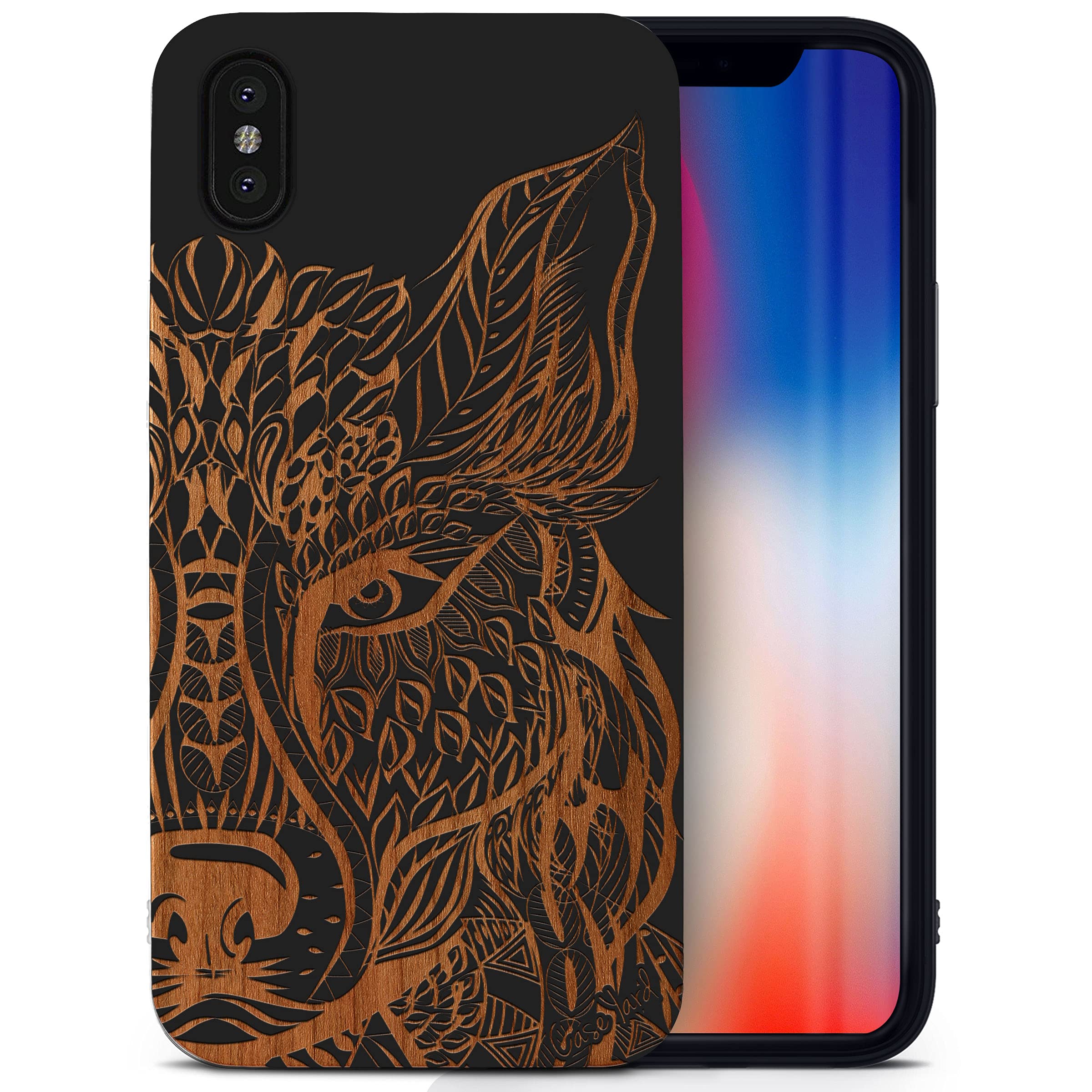 Wooden iPhone X Case with Laser Engraved Wolf Design - Shockproof Slim Fit Protective Cover for Men & Women | Perfect for Outdoor Adventures & Daily Use