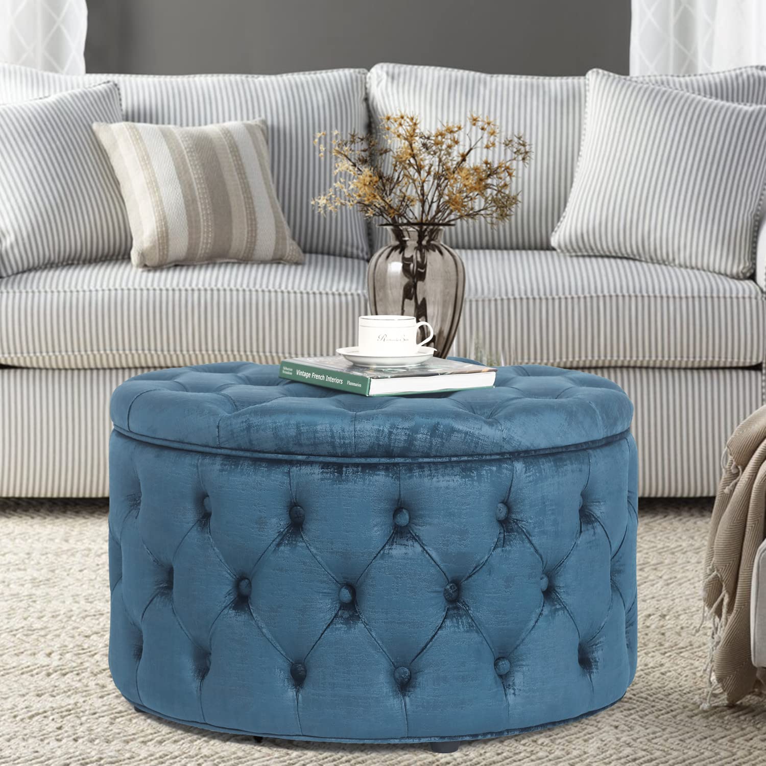 Joveco Round Storage Ottoman with Removable Top - Button Tufted Upholstered Bench, Coffee Table & Footrest Stool for Living Room, Bedroom & Entryway - Perfect for Extra Seating & Hidden Storage (Blue)
