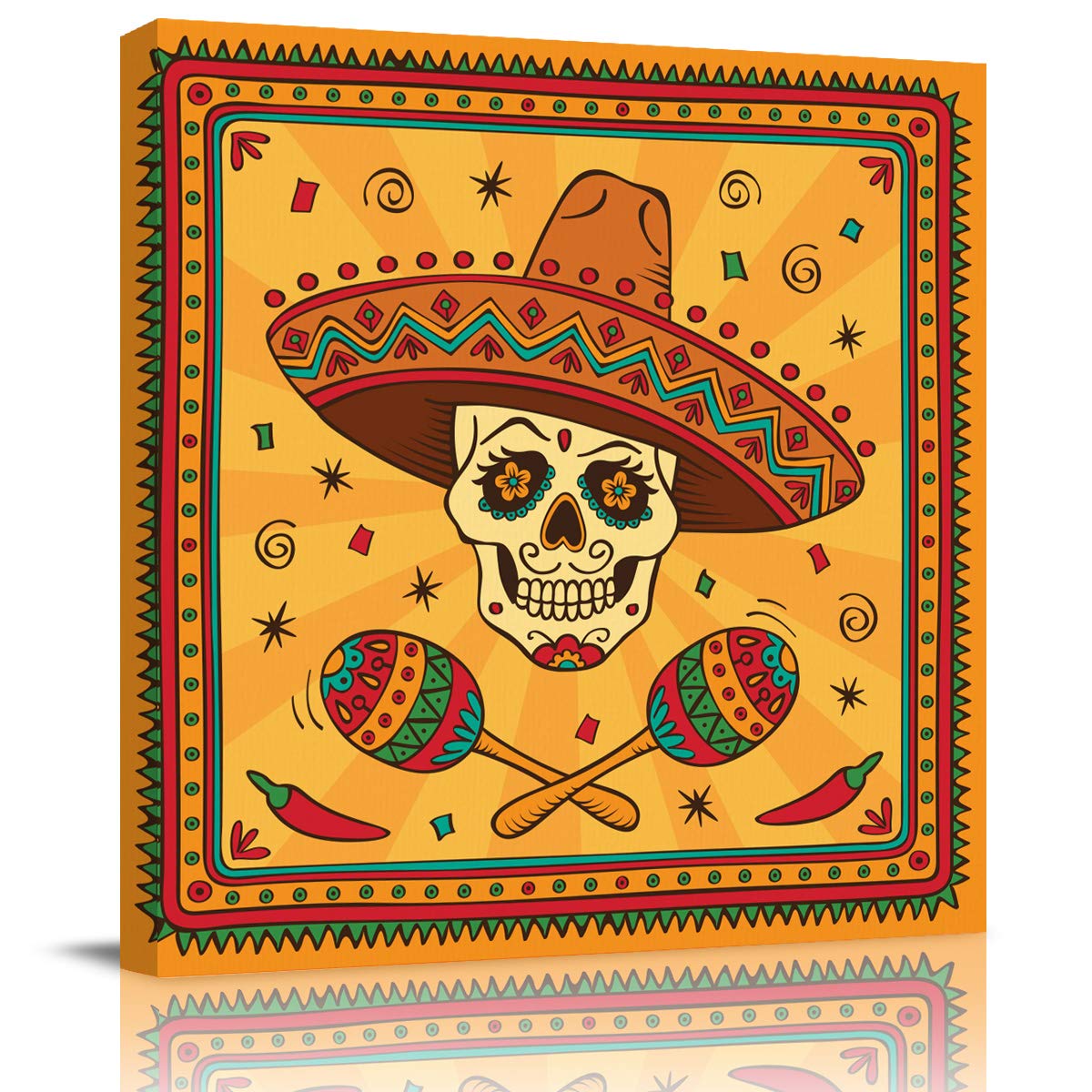 Mexico Style Skull Canvas Prints - 24x24 Inch Hippie Wall Art for Living Room, Bedroom & Office Decor - Vibrant Bohemian Home Decorations