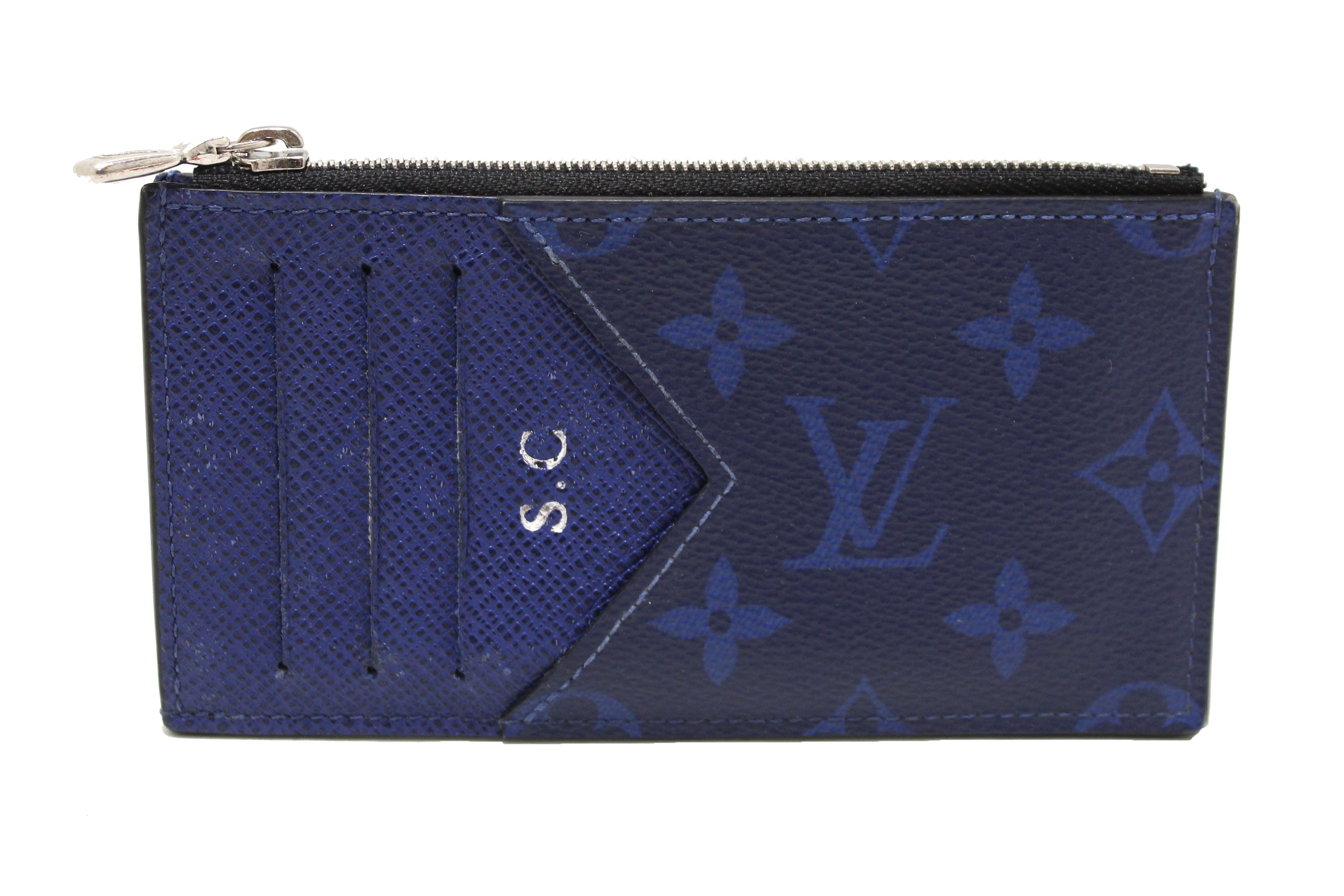 Authentic Louis Vuitton Blue Monogram Canvas & Taiga Leather Coin Card Holder Wallet - Perfect for Everyday Use, Travel & Luxury Gift Giving