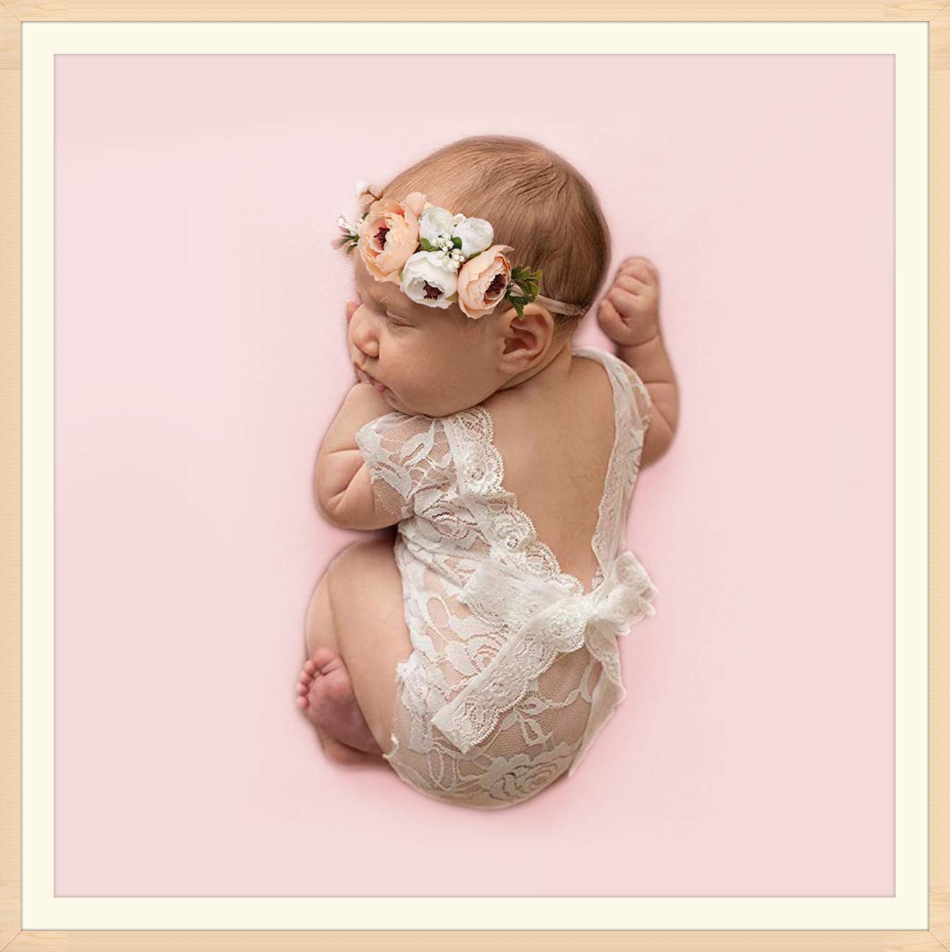 SPOKKI Newborn Baby Cute Lace Romper & Floral Headband Set - Photography Props, Classic Floral Outfits for Newborn Photo Shoots, Baptism, and Special Occasions